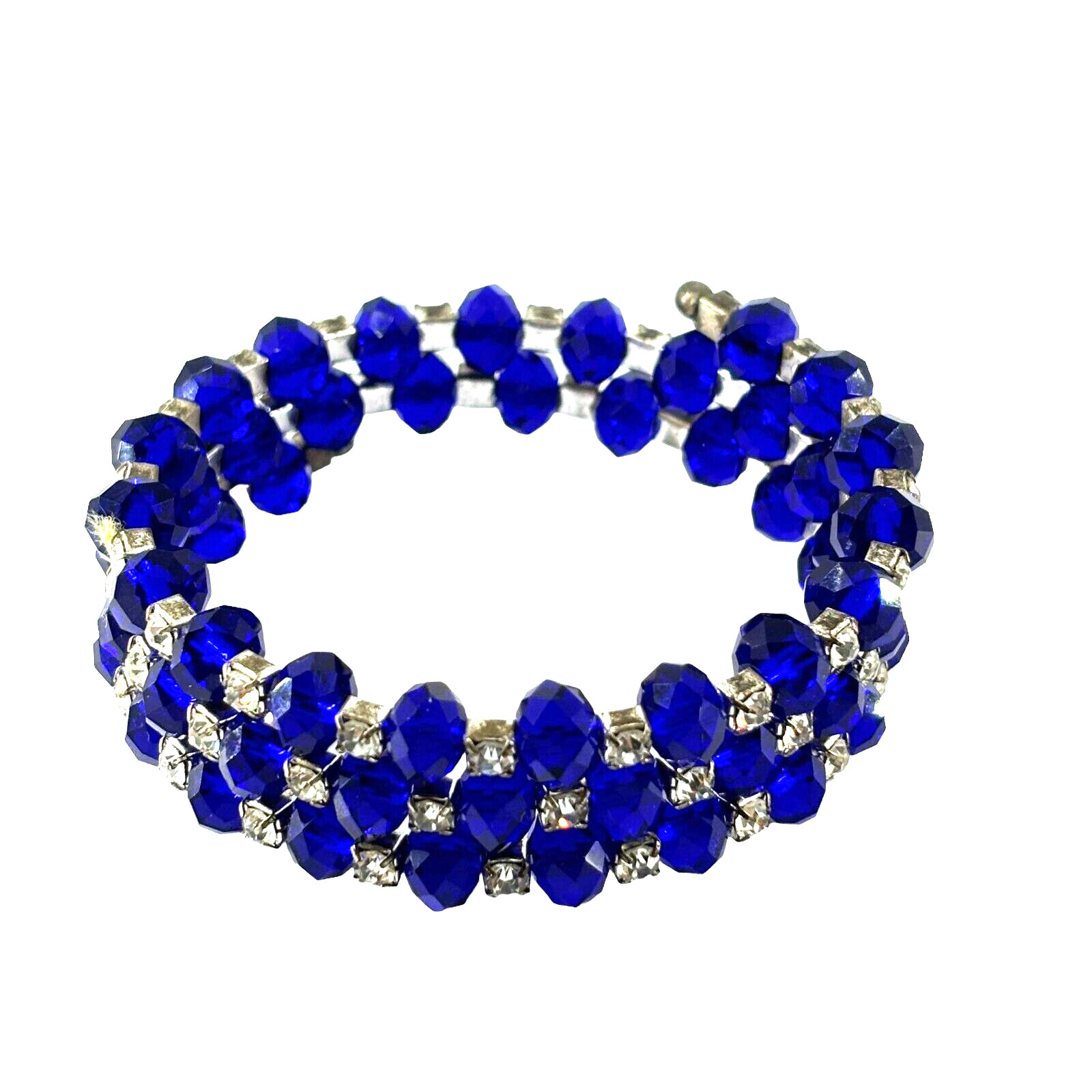 Vintage Multi Strand Crystal Bracelet Blue with Clear Rhinestone Stretch Wrap