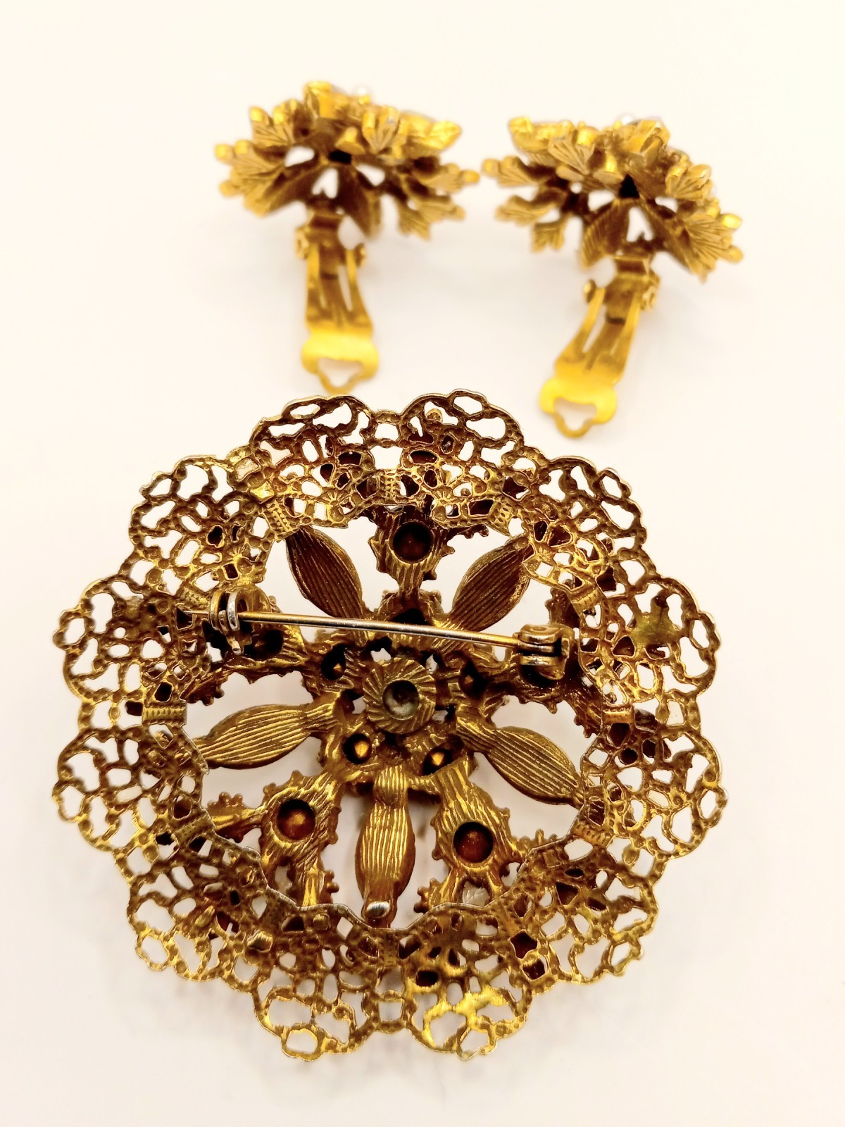 Vintage Rhinestone Brooch & Clip Earrings Autumn Fall Colors AB Accents Goldtone