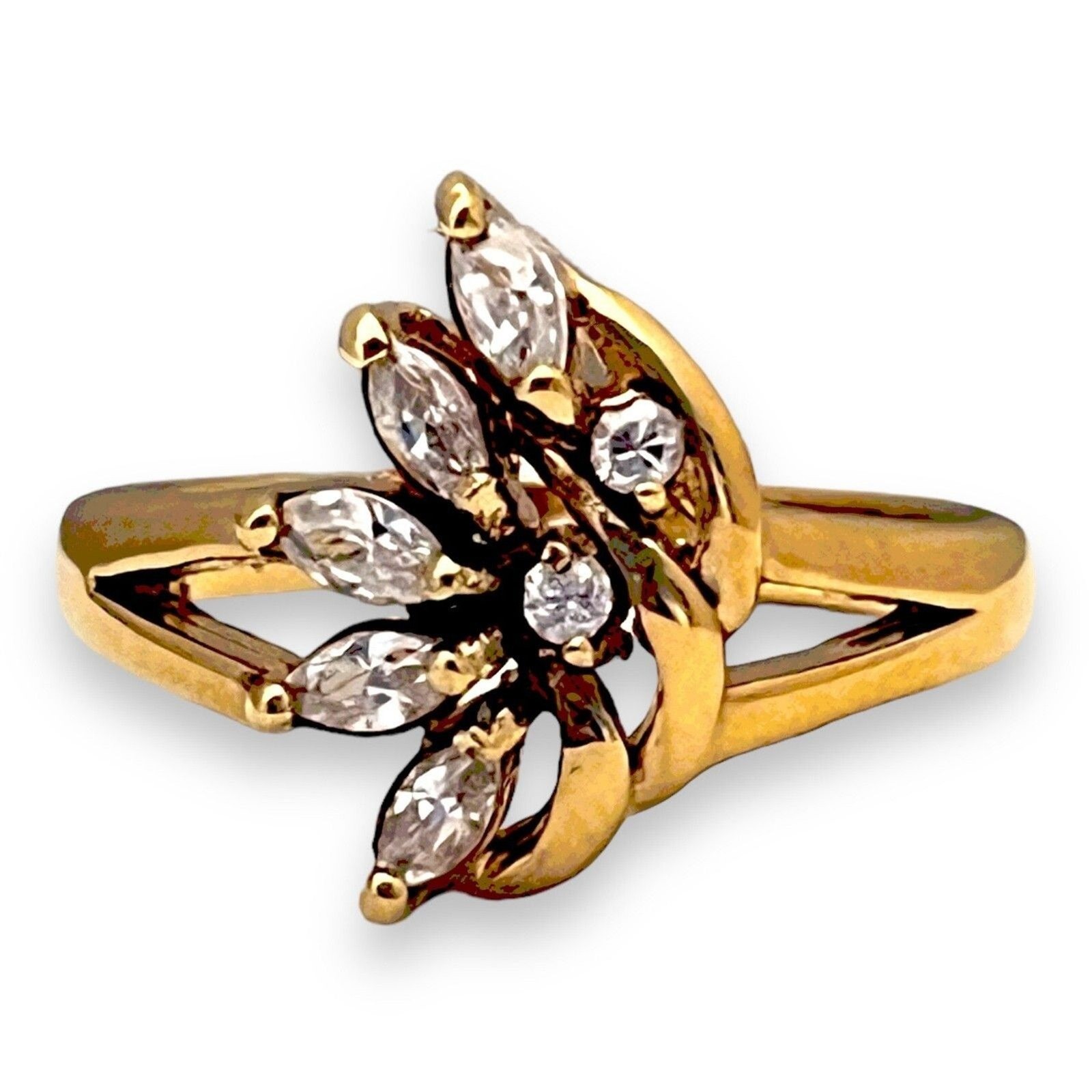 Vintage 1970s Ring Size 6 CZ Cluster Marquise Prong Set Gold Plated – 14I