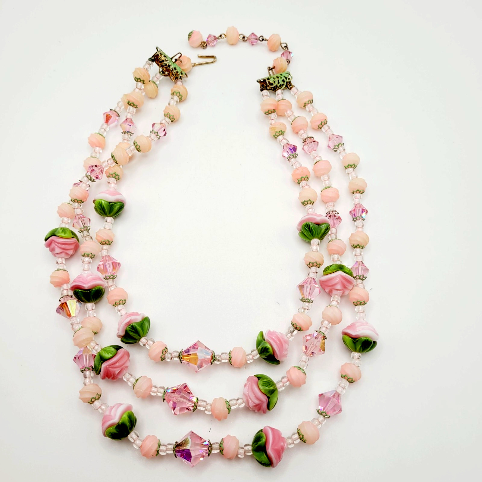 Triple Strand Glass Pink Rosette Green Bottom Rosebuds Bicone Crystal Necklace