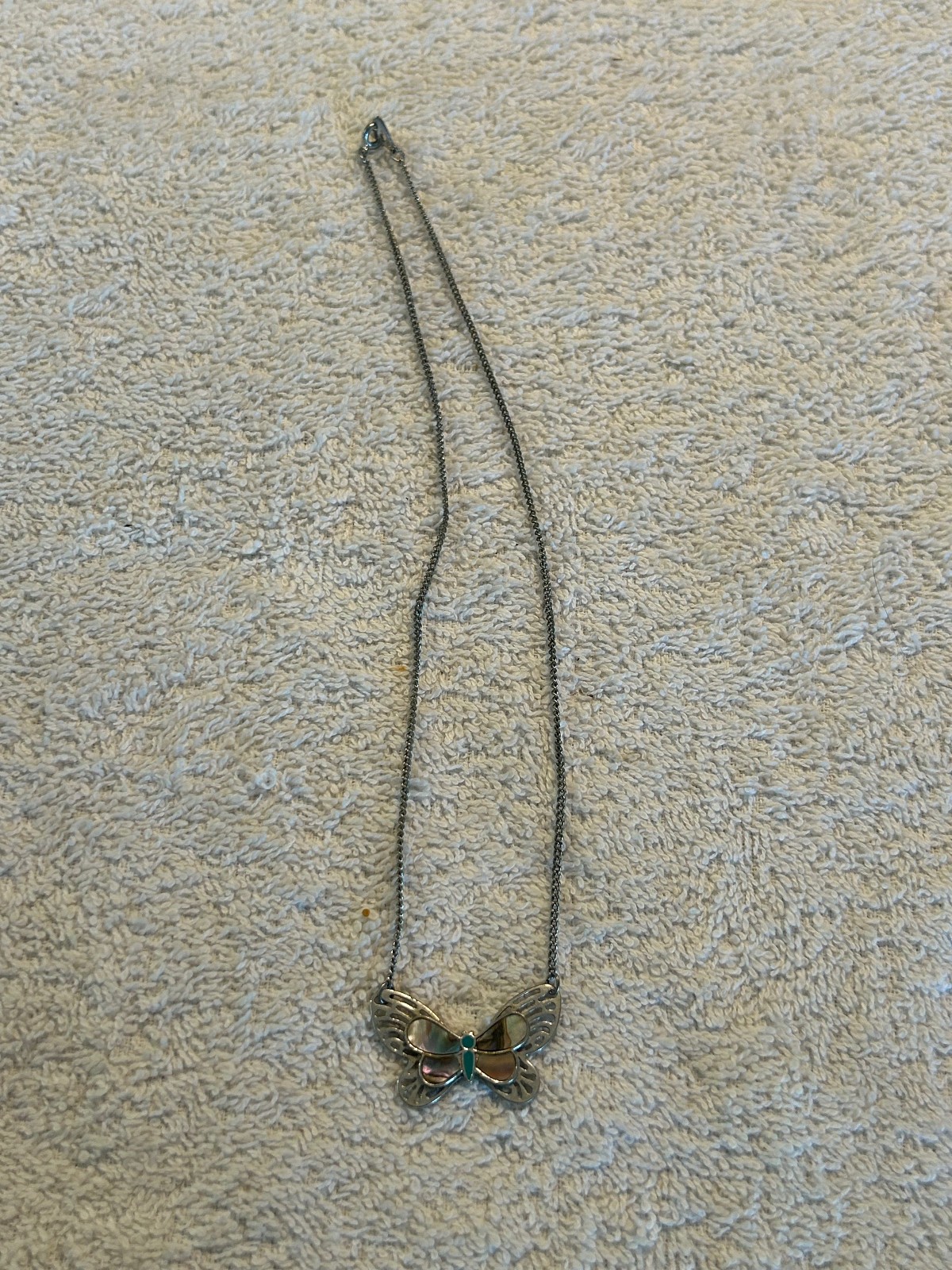 Vintage Butterfly and Oval necklace pair, Abalone Inlaid, Silver Tone, 16″