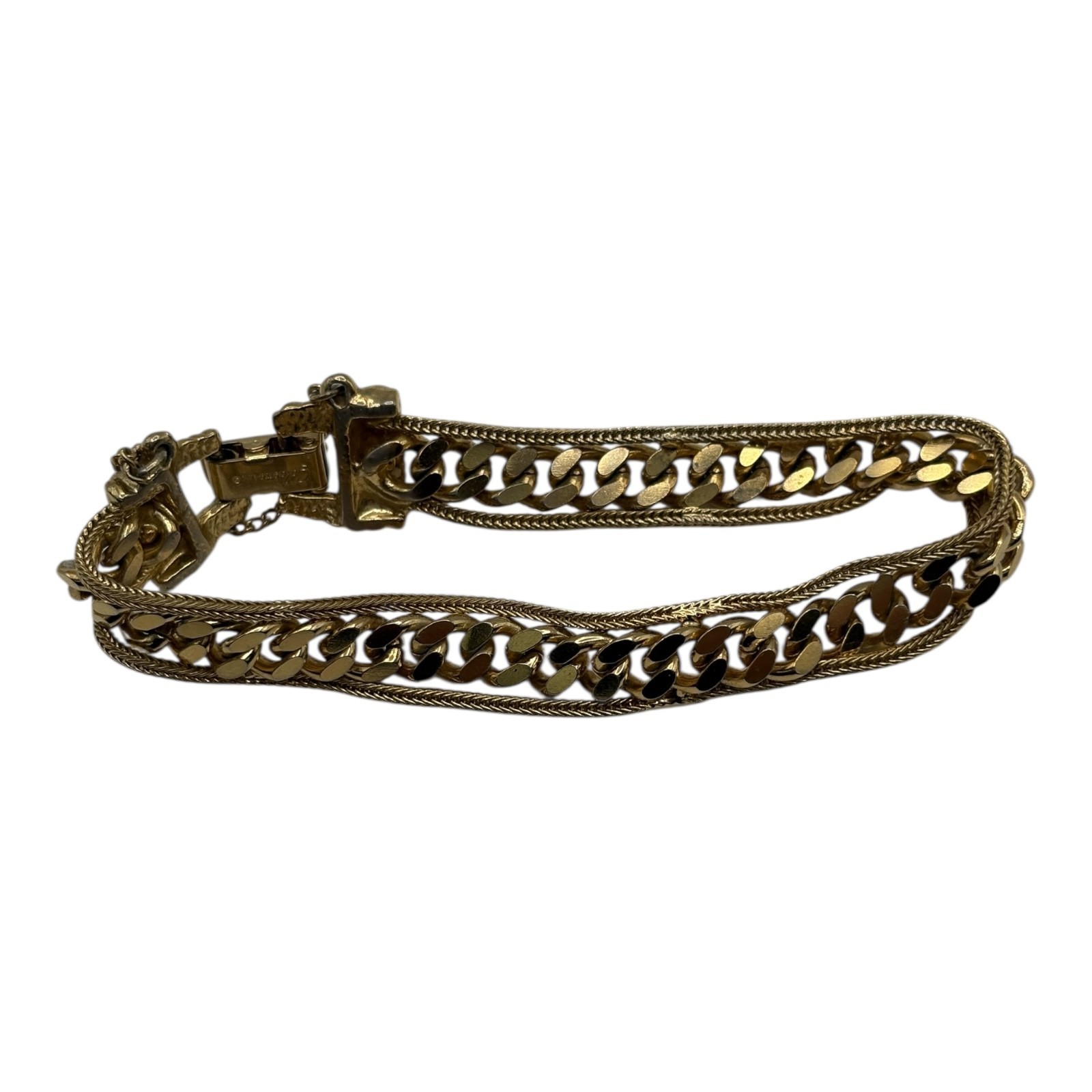 Goldette NY Gold Tone Bracelet 7″Cuban Chain Link Double Strand Safety Chain Vtg