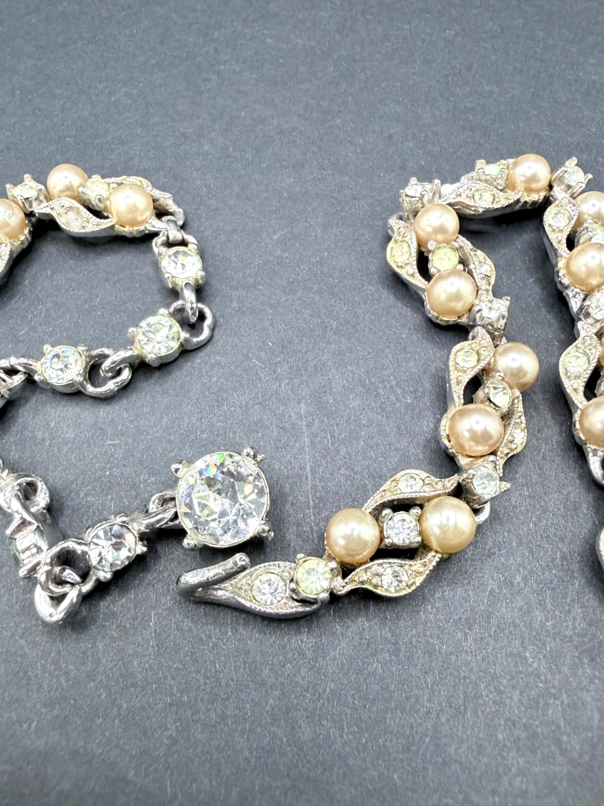 Vintage Bogoff Off White Pearl & Crystal Choker Necklace, Rhodium Plated, 1950s