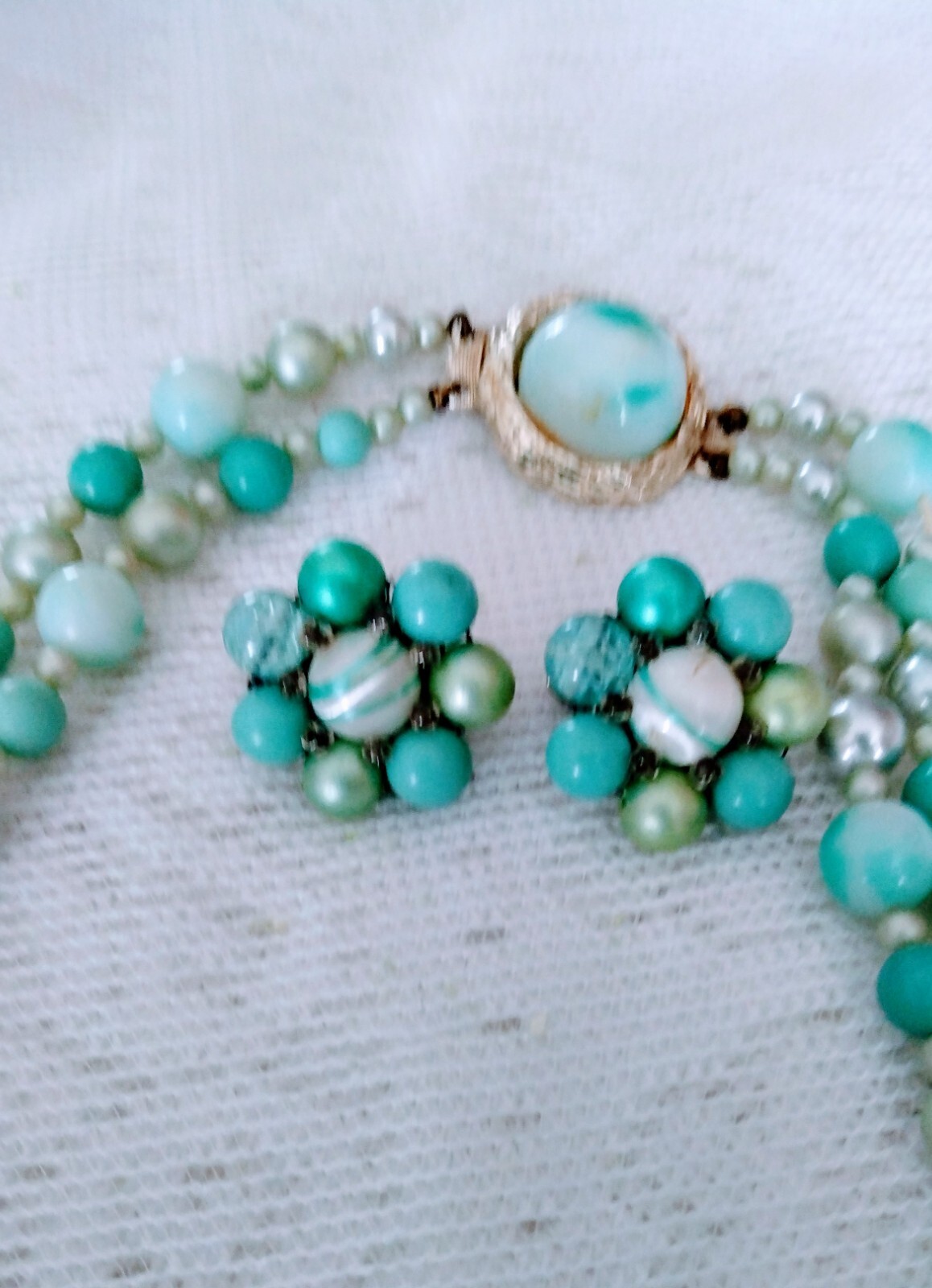 Vintage Two Stand Blue Chunky Beaded Necklace and Clip Earrings Set