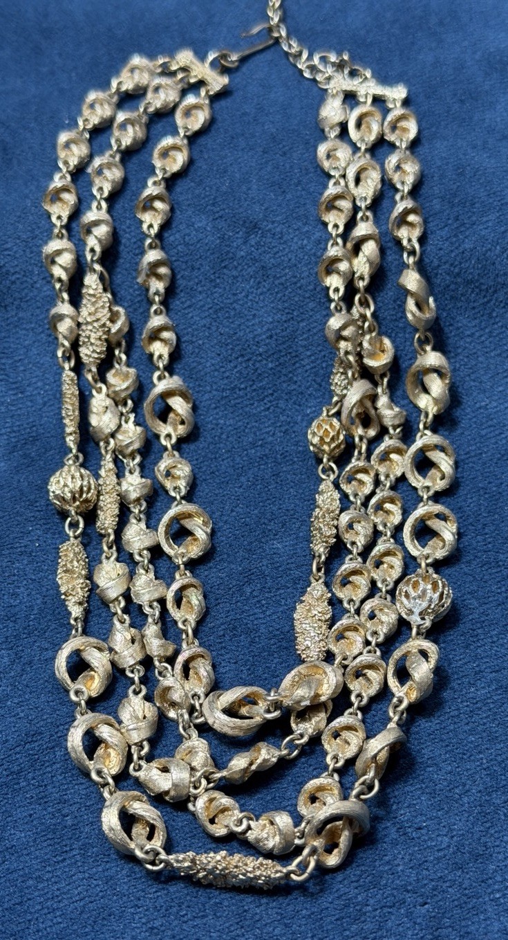 Vintage Knot Filigree Bead Necklace Multi Strand Beaded Gold Tone Acorn Hook