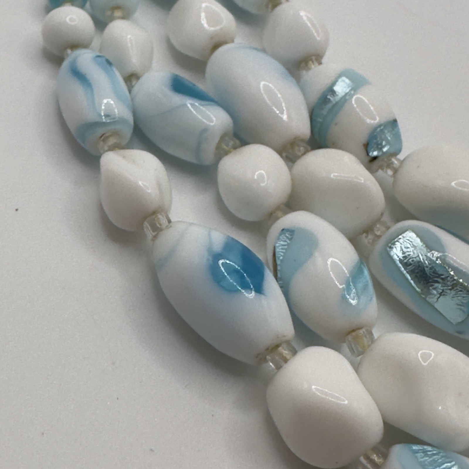 Vintage Multi 4 Strand Necklace Blue White Art Glass Beaded 17″ Choker Bib Japan