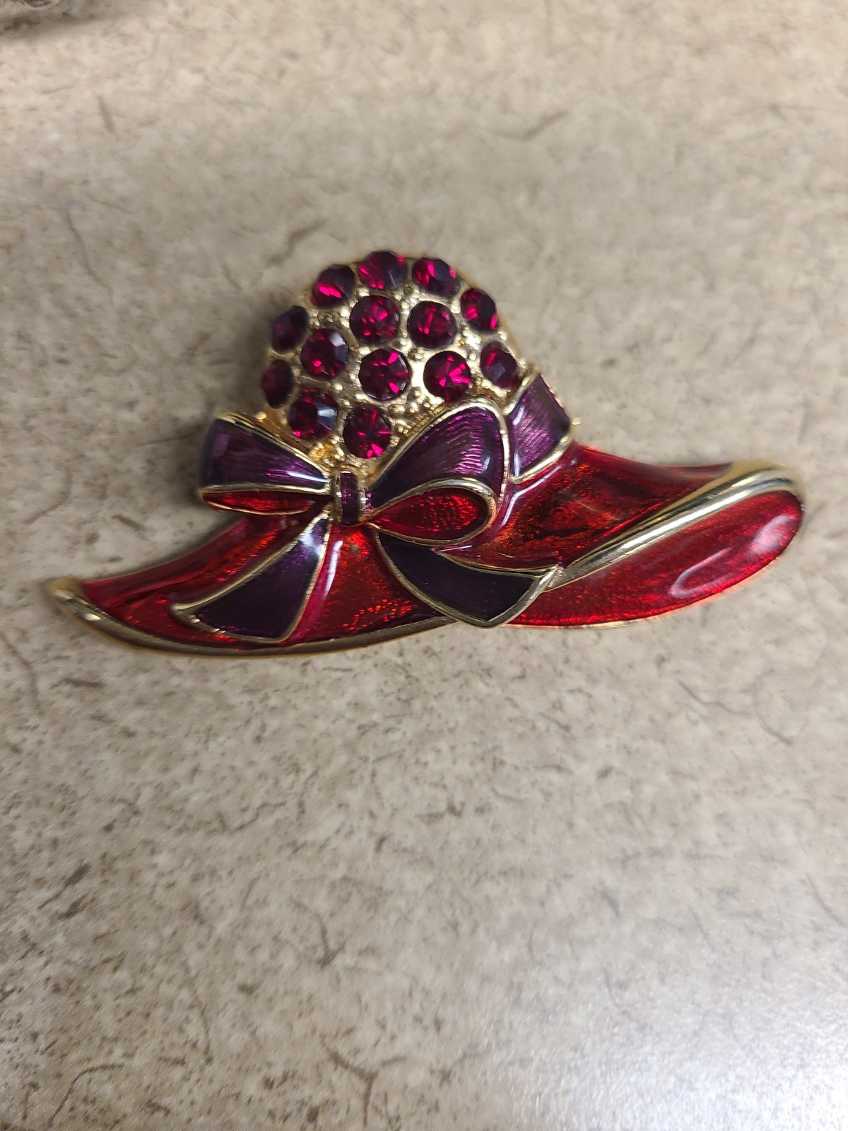 80’s Vintage Red Hat Society Red Purple Enamel Rhinestone Accents Fashion Brooch