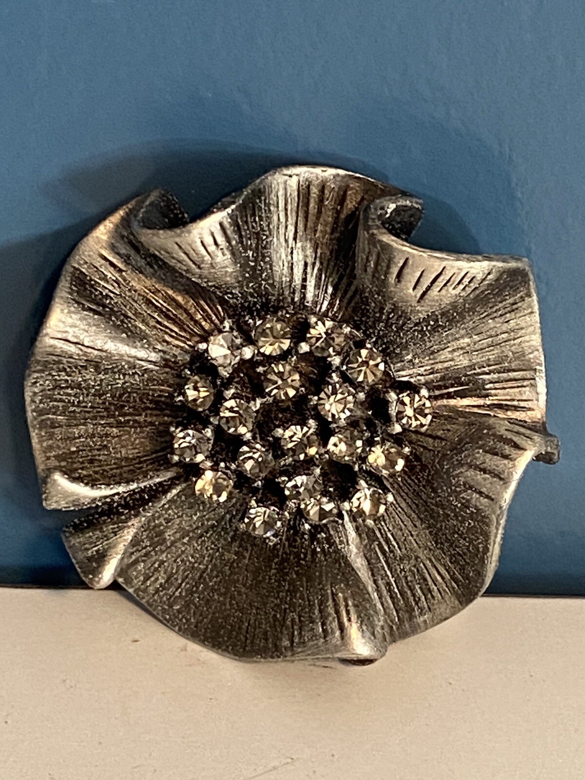 Flower Brooch Pewter Smoked Rhinestone Center 1.75” Wide Textured or Pendant