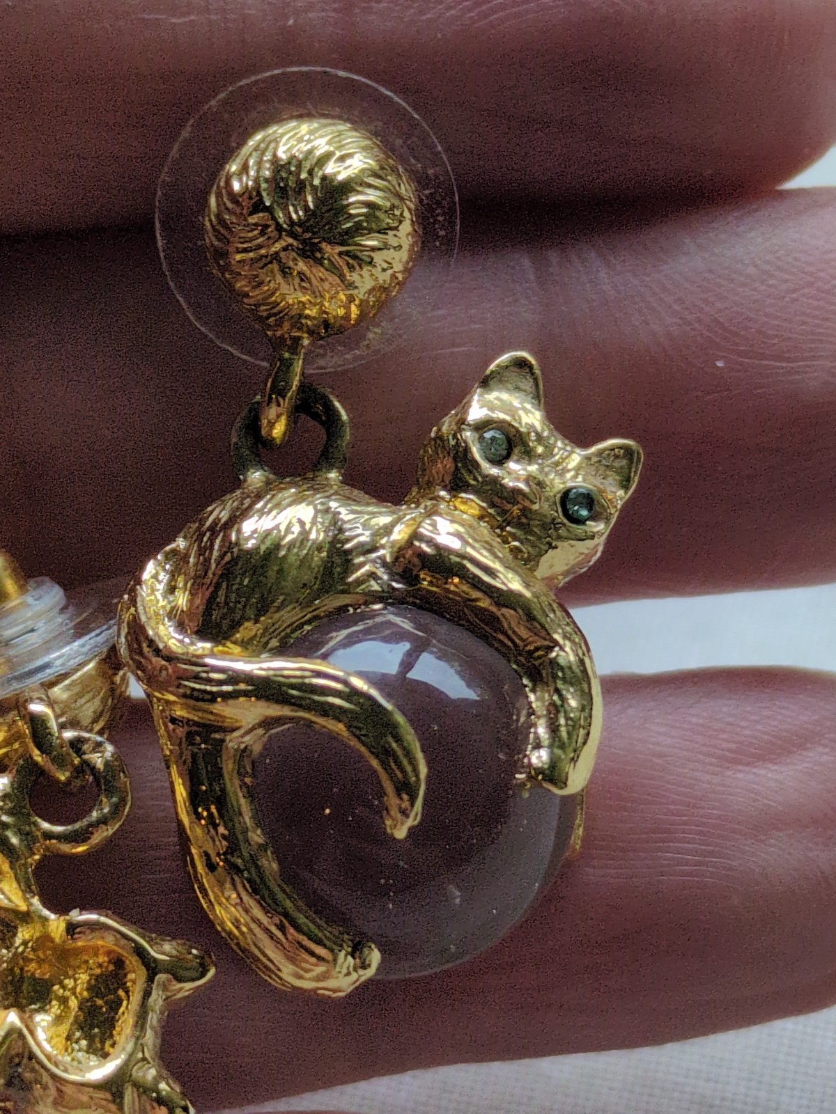 Vintage Cat Pool Of Light Gold Plate Earrings, Crystal Eyes