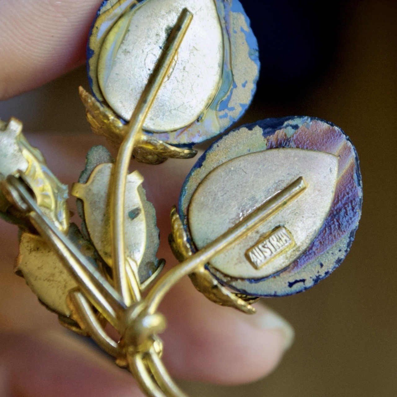 Vintage Austrian Gold Tone Blue and Purple Bicolor Strawberry Brooch