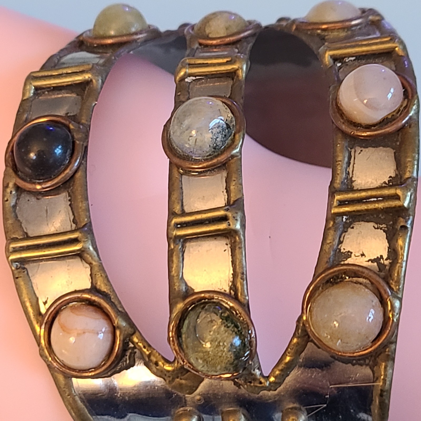 VTG Brutalist Mixed Metal Cuff Bracelet 2″ Wide Artisan Multi-Gem Statement