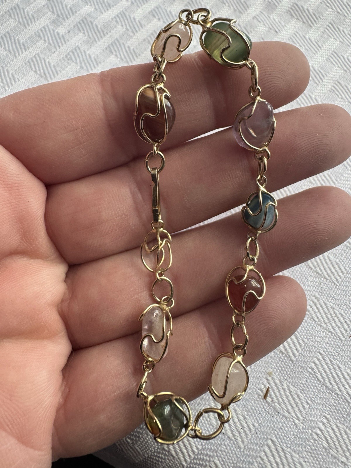 Vintage Multicolor Stone Link Bracelet Gold Tone Wire Wrapped Cabochon 6 Inch