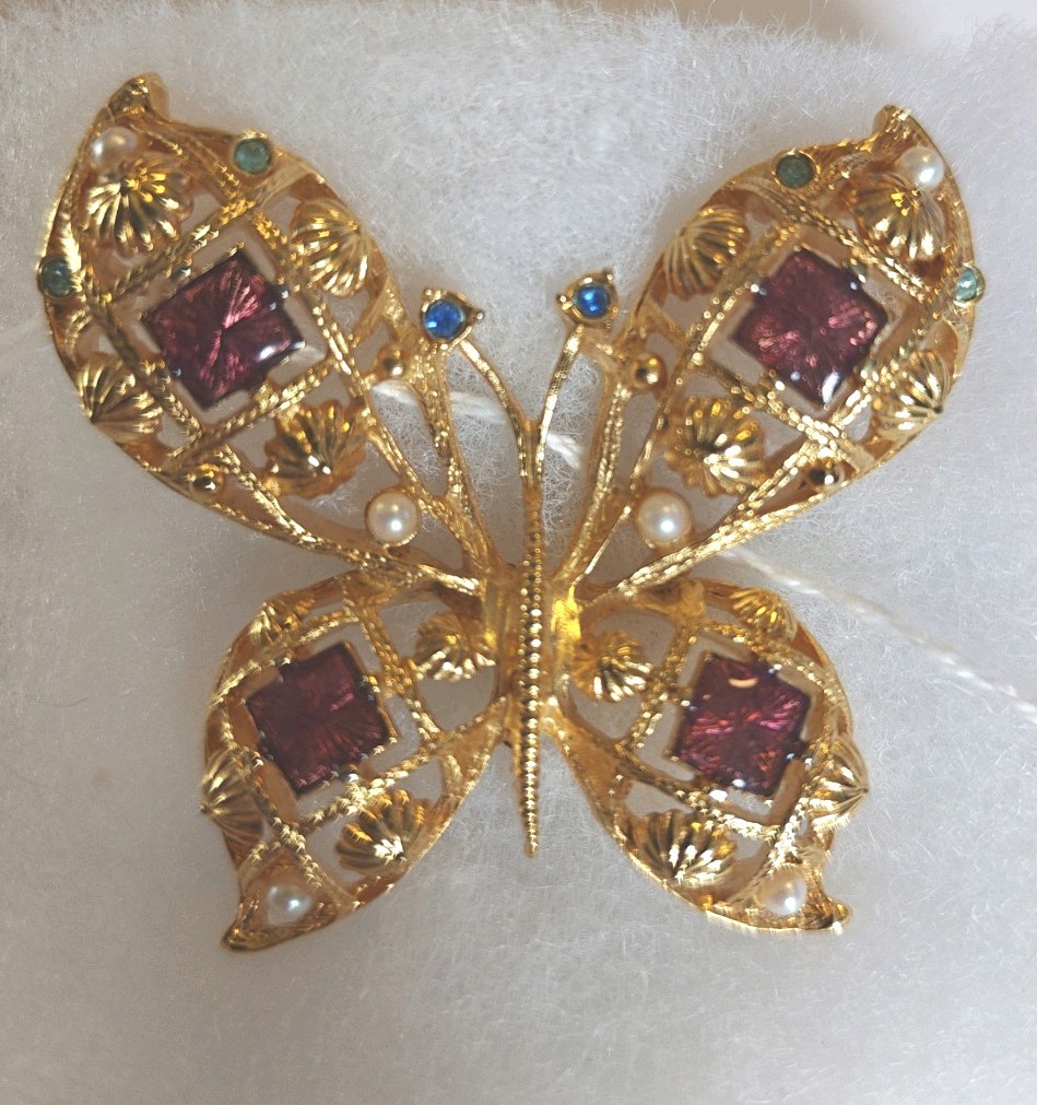 Avon Butterfly Brooch Pin Enamel Faux Pearl Rhinestone Gold Tone Large Vintage
