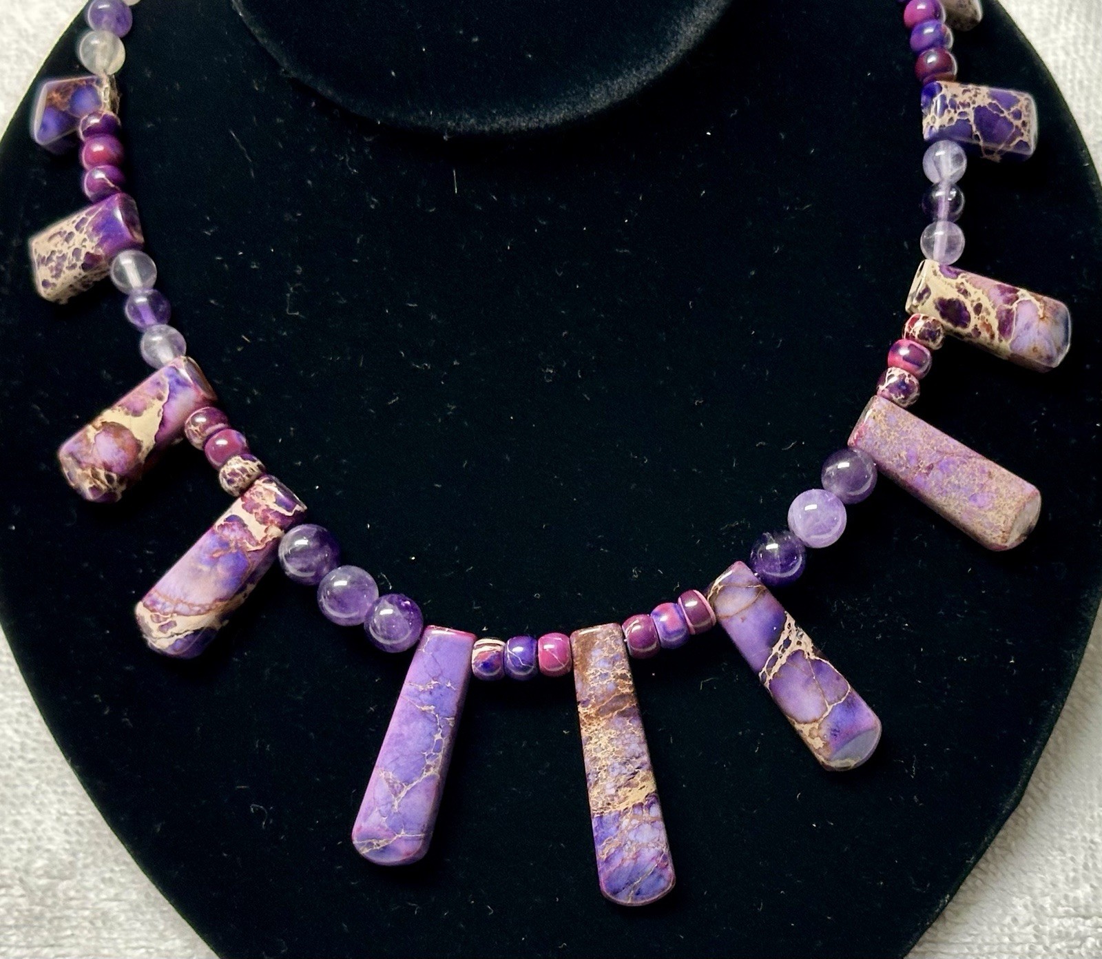 Glass Purple Blue Stone Bead Fringe Bib Necklace n0179