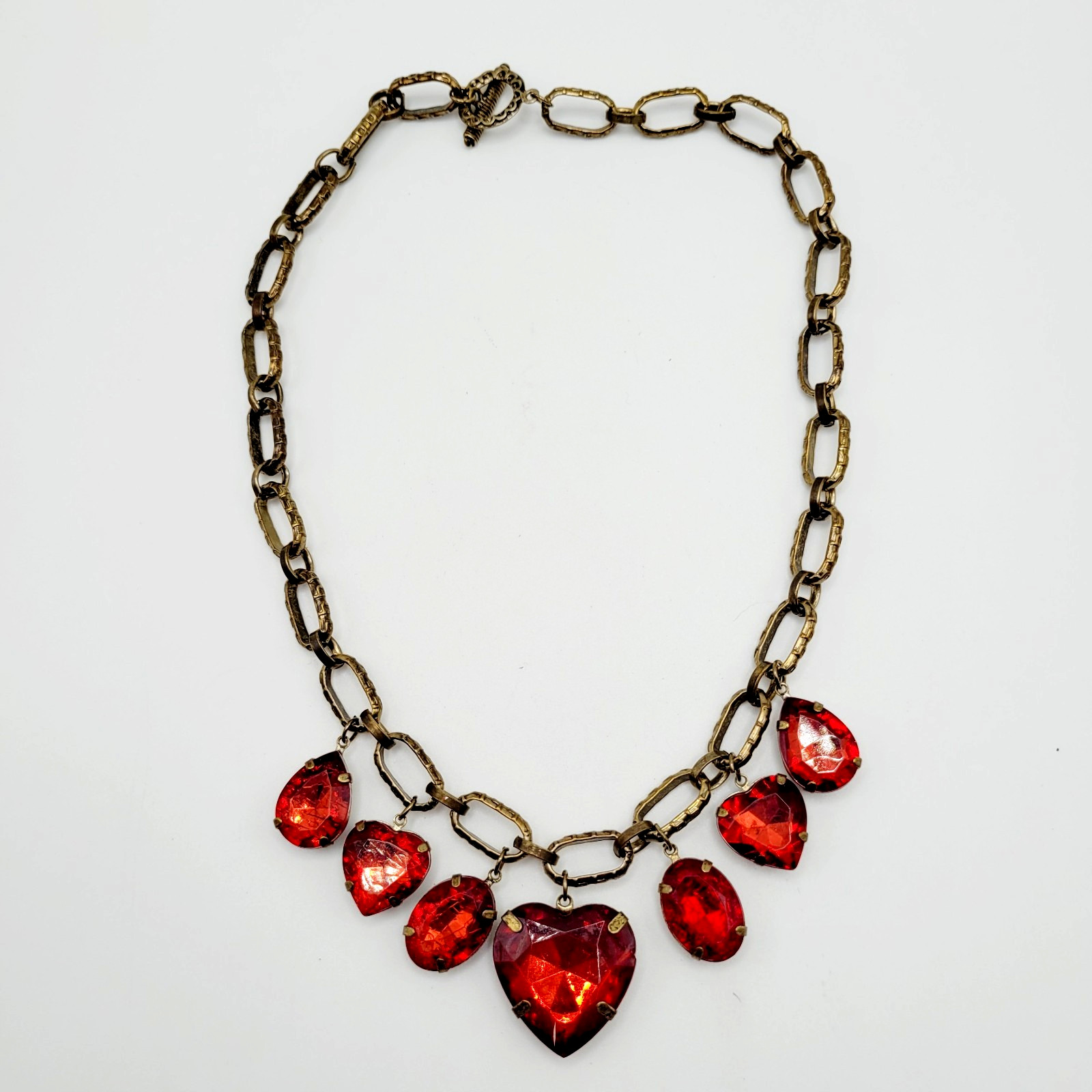 Red Acrylic Gem Statement Red Heart Brass Tone Large Link Vintage Necklace 17 In