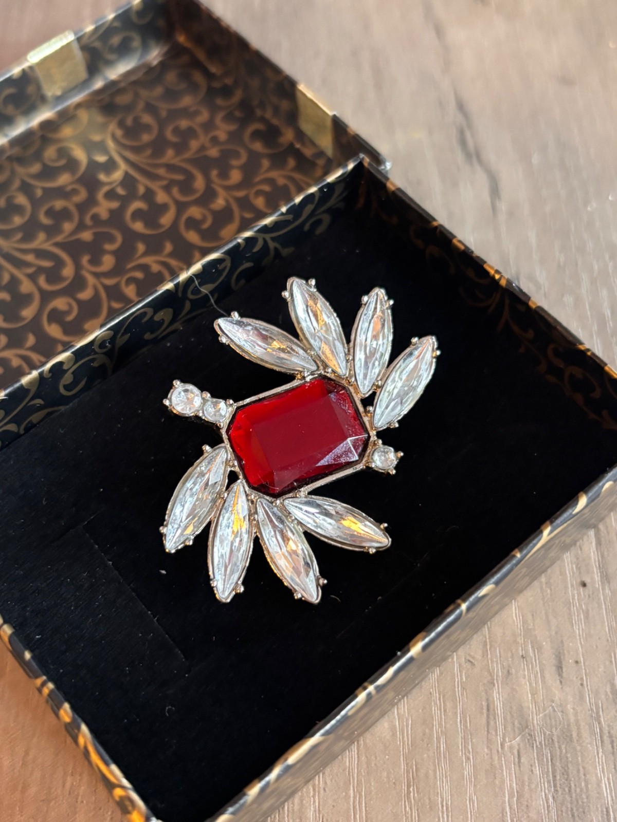 Vintage Silver Tone Brooch Red and Clear Rhinestone Accents