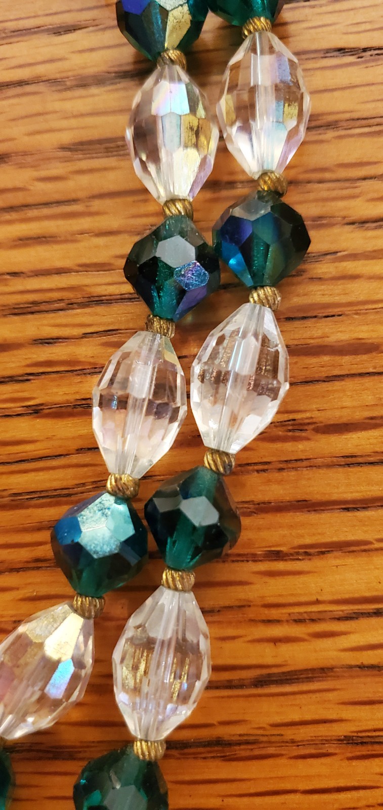 Vintage Emerald Green &Clear Aurora Borealis Double Strand Crystal Necklace set