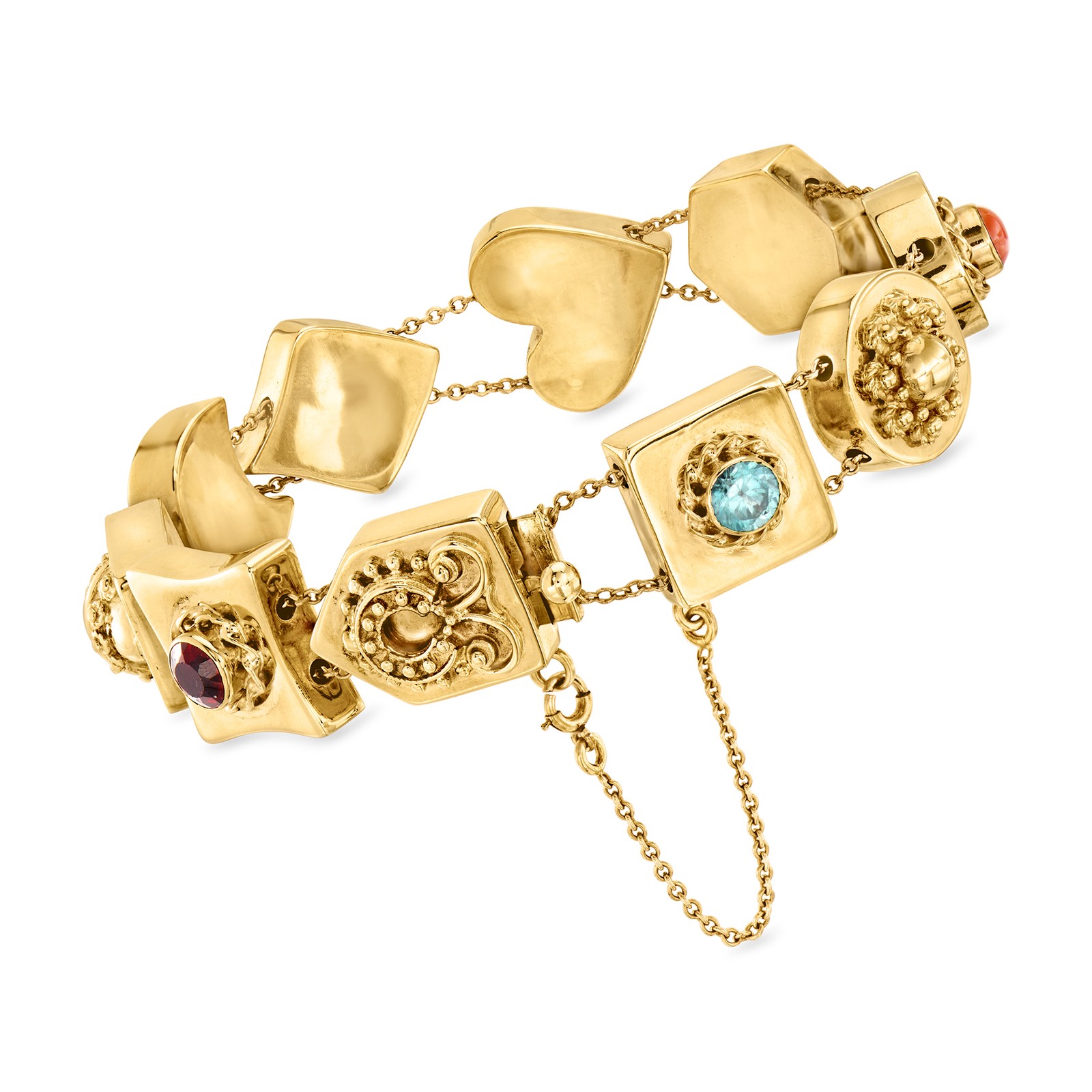 Vintage Multi-Gemstone Slide Charm Bracelet in 14kt Yellow Gold. 8 inches
