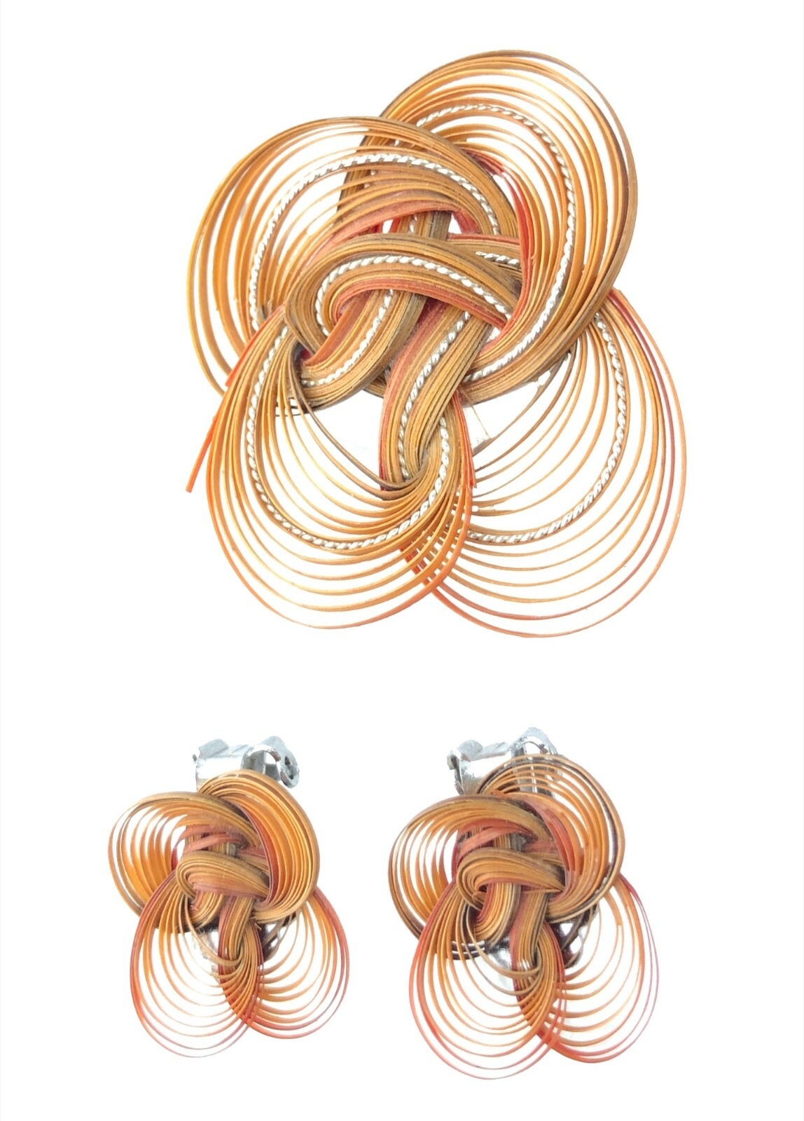 Vintage Retro Quilled Plastic Strip Brooch Clip-on Earrings Set Very Light 1970s