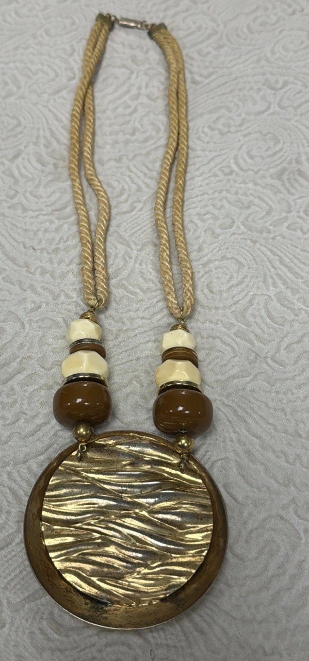 Vintage Bohemian Chunky Twisted Rope Cord Resin Wood Metal Statement Necklace
