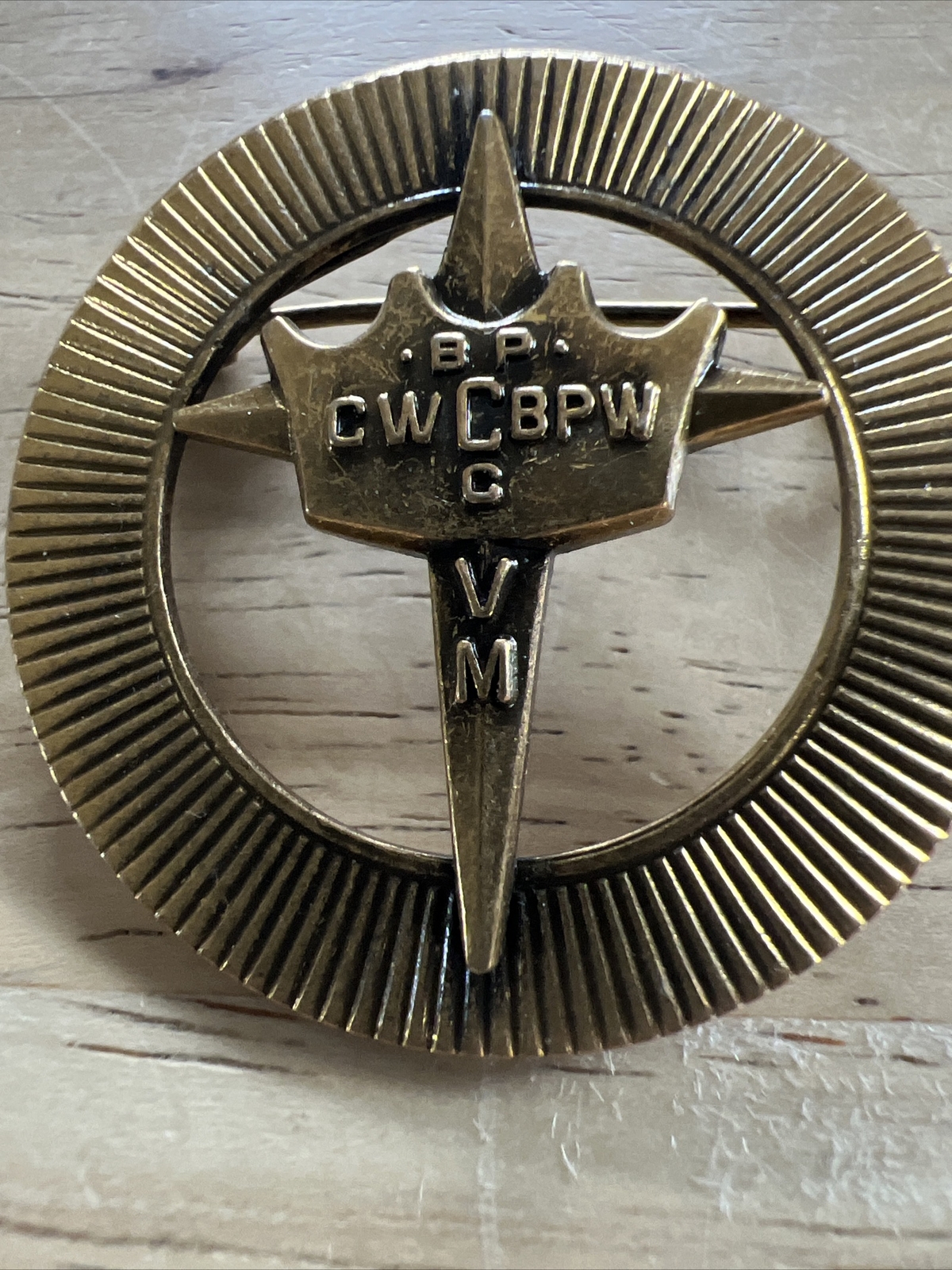 Vintage Round Metal CW C BPW BP C VM Cross/Crown Brooch Pin