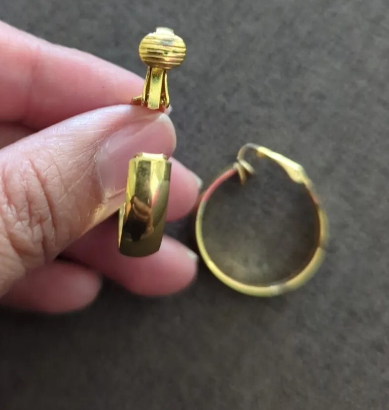 Vintage Hinge Clip on Gold Plate Metal – Wide Hoop Earrings