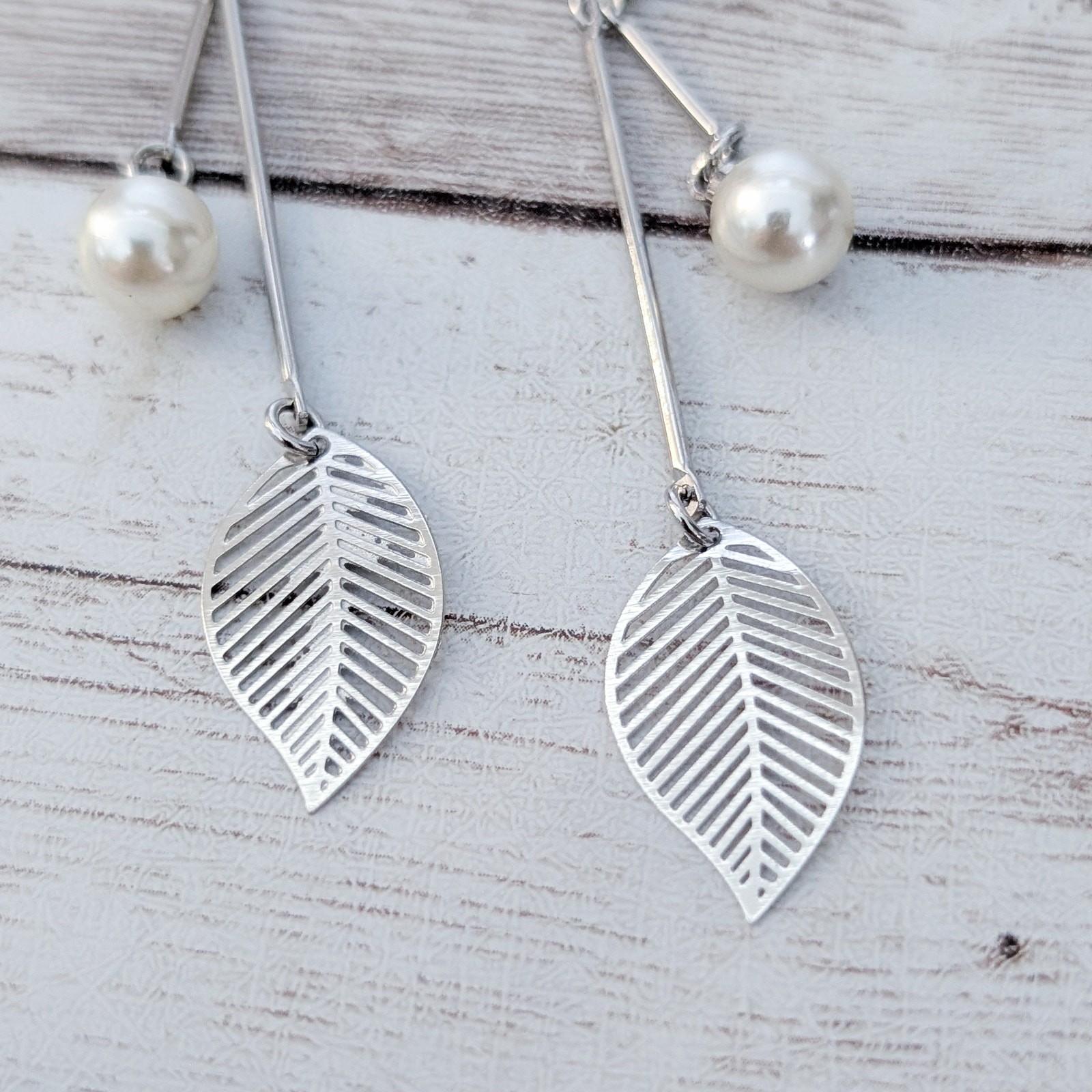 Vintage Dangle Earrings Faux Pearl & Leaf Long Dangle for Pierced Ears 925 Hooks