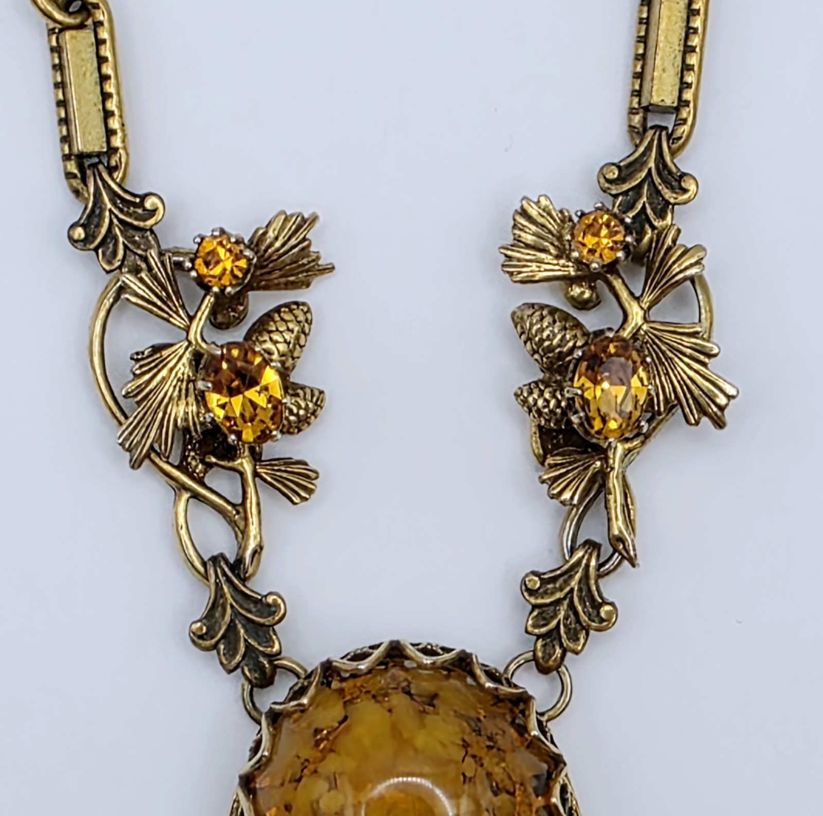 Vintage Germany Amber Glass Cabochon Tassel Pendant Necklace Rhinestone Leaf