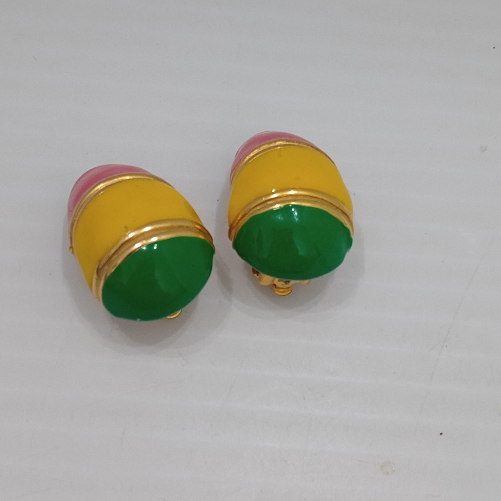 Gay Boyer Clip On Earrings Neon Pink Yellow Green Enamel Gold Tone easter