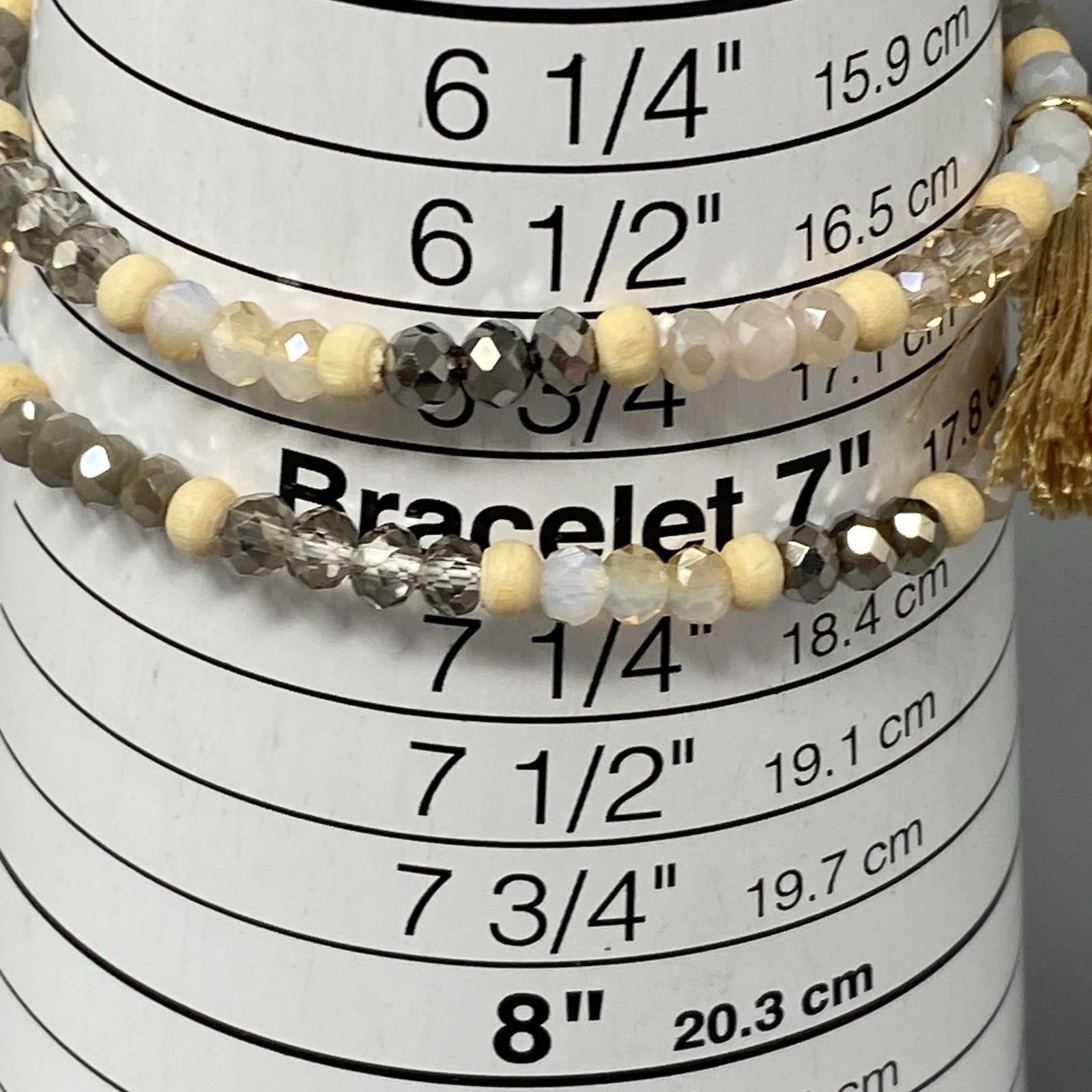 Glass Beaded Bracelet Set of 2 Cream Gray Fire Polished Faceted Tassel Stretch