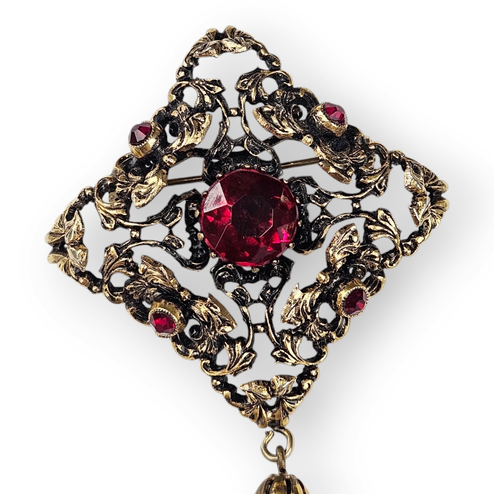 Austria Rhinestone Floral Brooch Vtg Art Nouveau Red Glass Brass Massive 4.25″