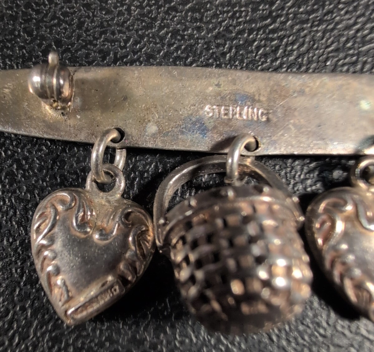 Bar Brooch Flowers &Scroll Design – Hearts and Basket Dangles – Sterling – Vtg