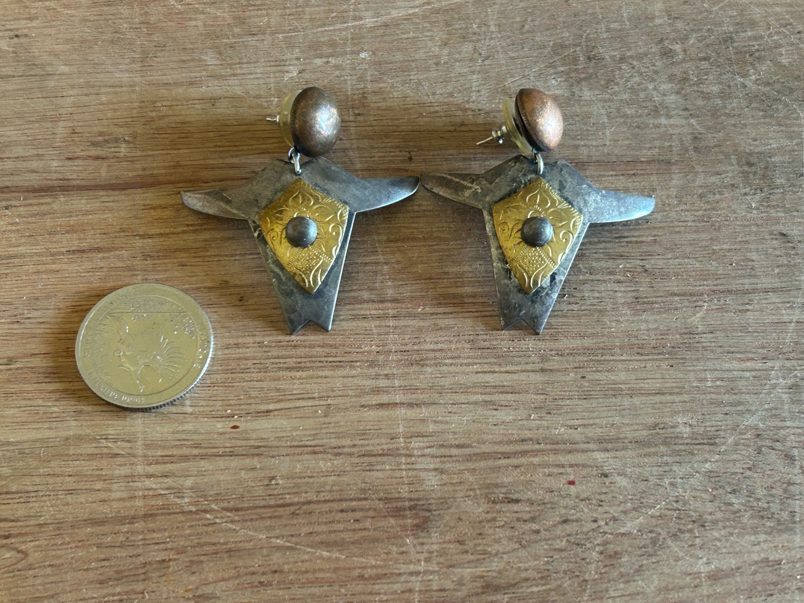 Modernist Earrings Mixed Metal Upper Torso Head Open Arms Vtg Pair Amazing