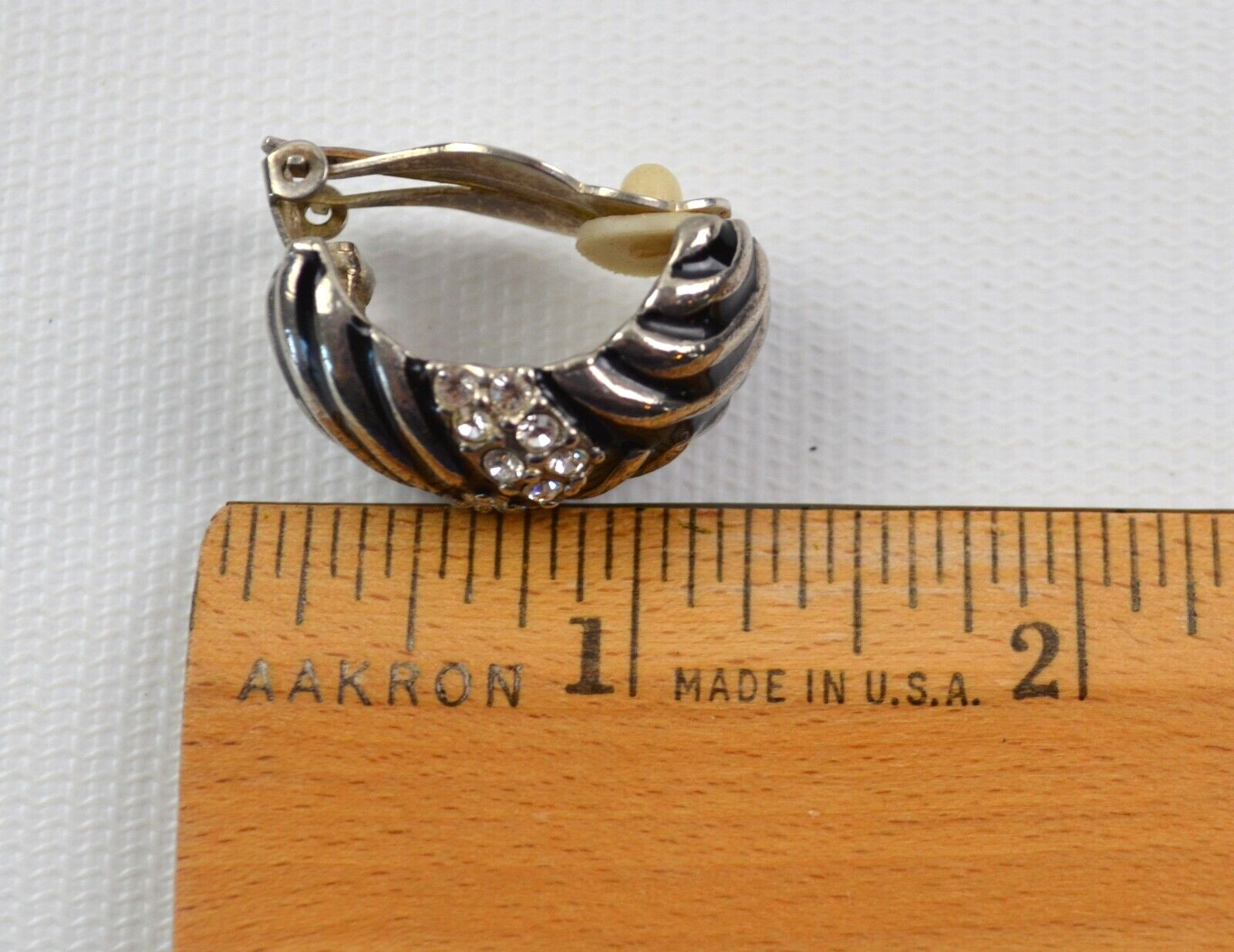 Vintage Silver Tone & Black Clip On Earrings with Clear Rhinestones 1.25″