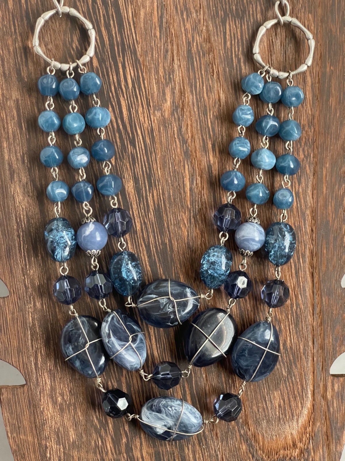 Multi Strand Necklace Blue Acrylic Wire Wrapped Beaded Accented Silver Tone Boho