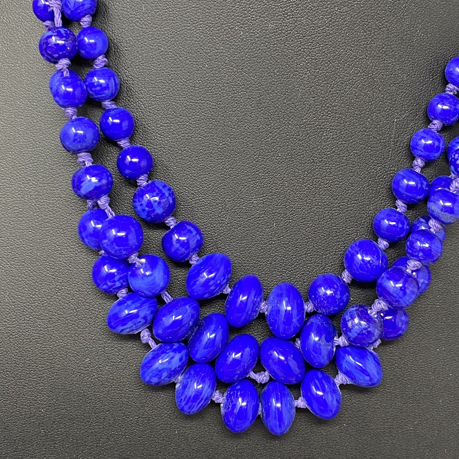 VTG Ceramic Bead Necklace Blue Marble Hand Knot Cord Chain Multi Strand Boho 21″
