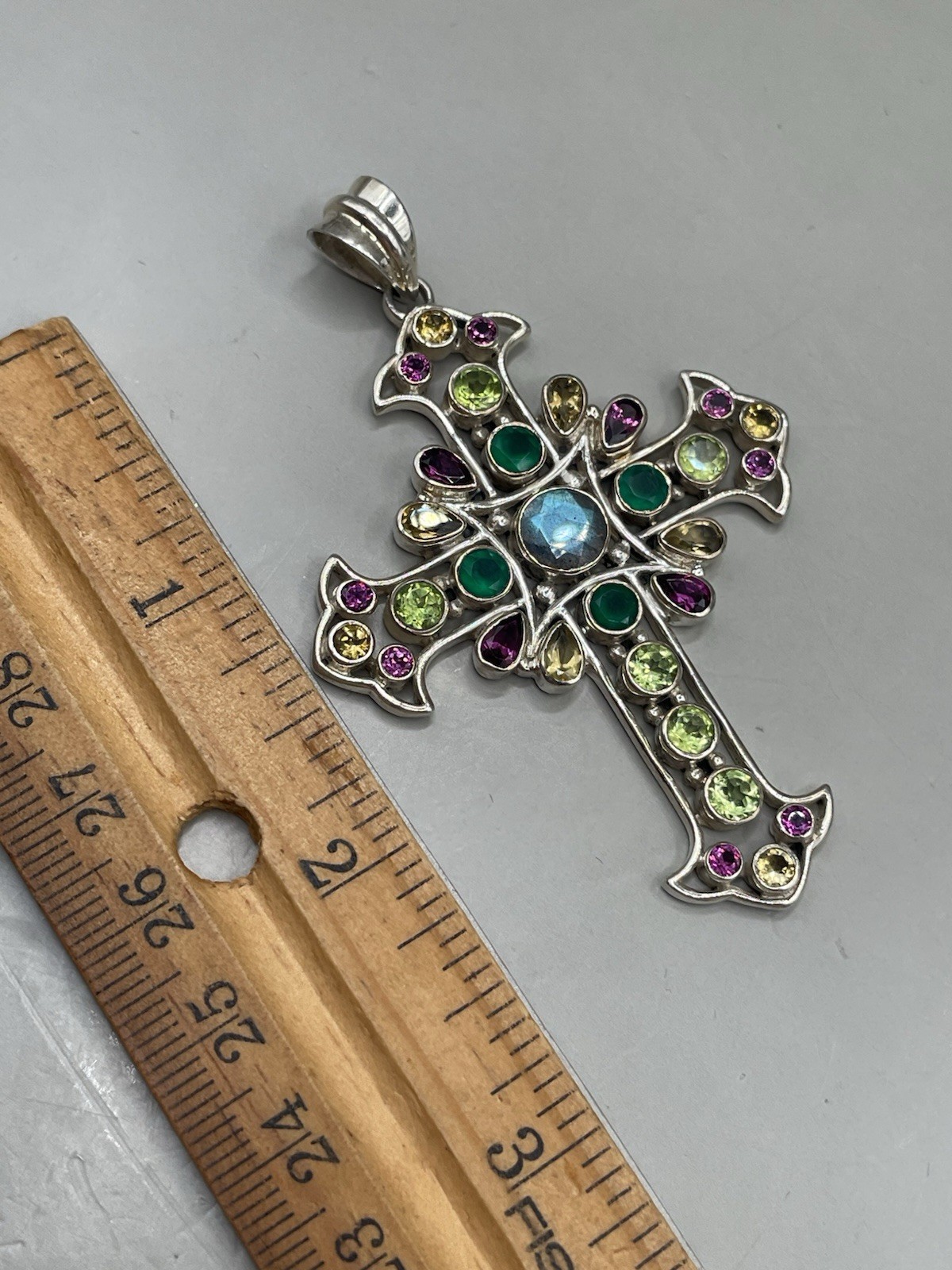 NICKY BUTLER MULTI GEMSTONE STERLING SILVER 925 CROSS CRUCIFIX 2.75” PENDANT NIB