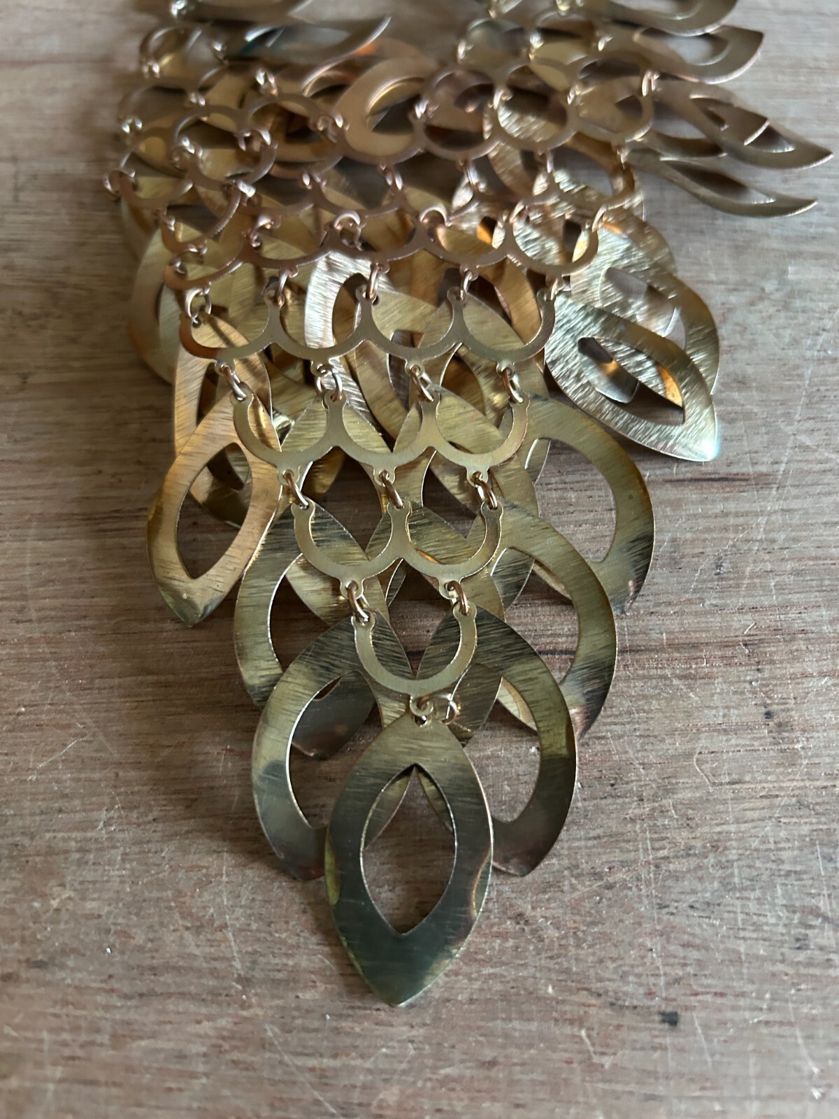 Bib Necklace Overlapping Dangling Layered Costume Teardrop Brass Tone Vintage