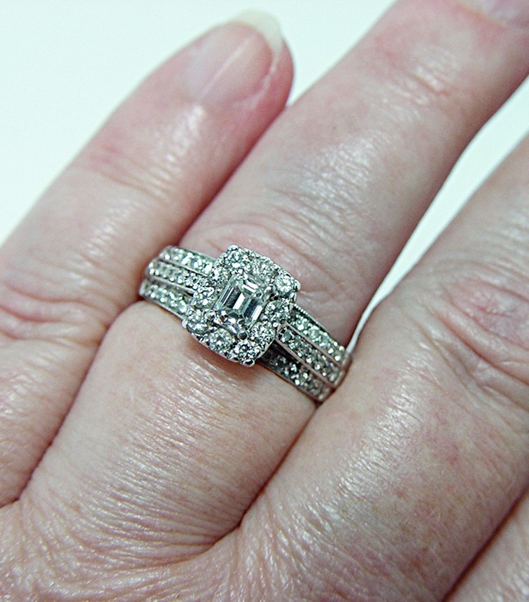Vintage 14K White Gold Emerald Cut Diamond Halo Engagement Right Hand Ring