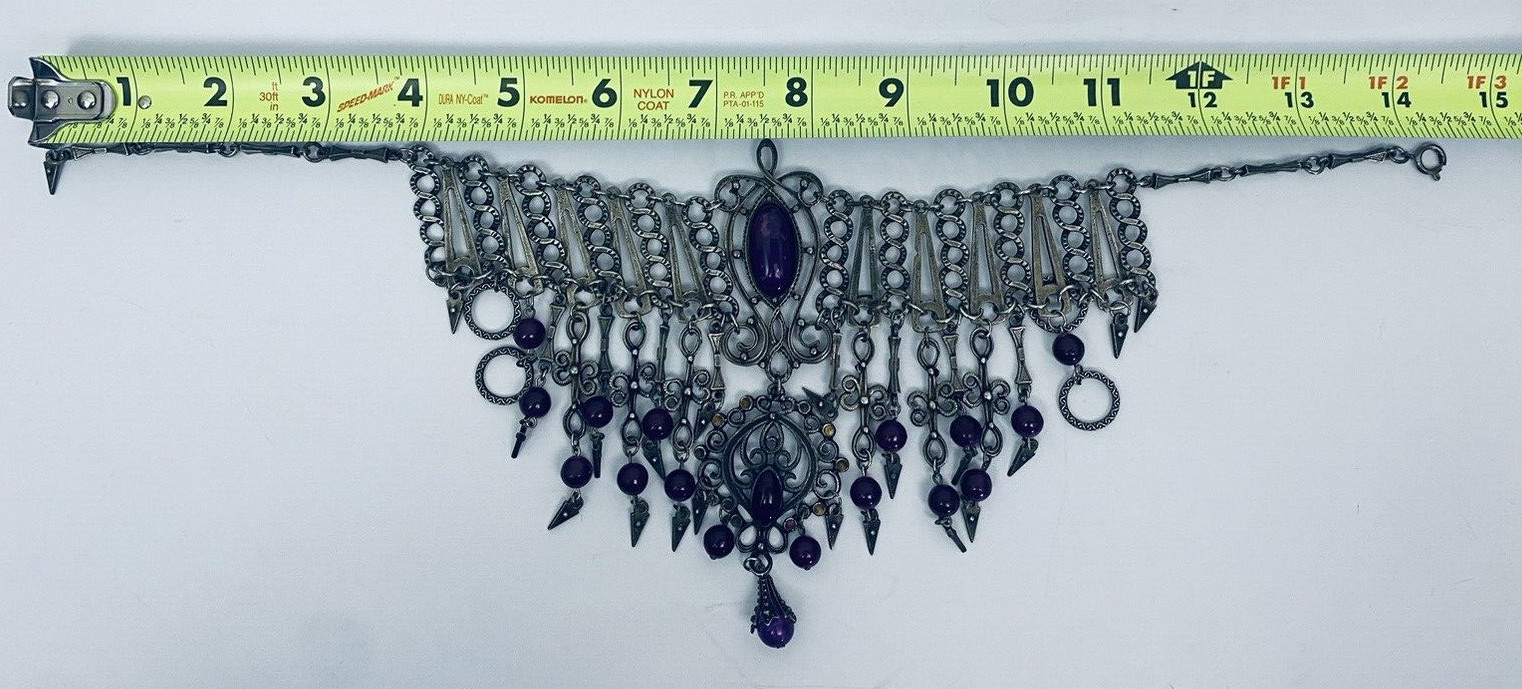 Vintage French DLH DEPOSE Necklace Bib Statement Pewter Purple 14.5″ Costume