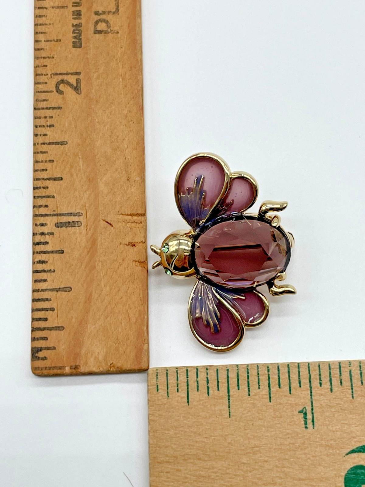 VTG Cute Little Purple Faceted Glass Green Rhinestone Enamel Bug Bee