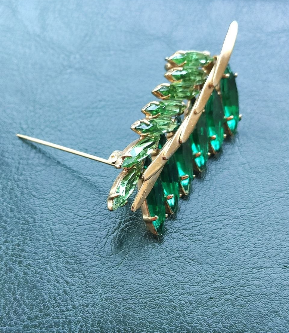 Vintage Soviet Brooch Green Glass Stones Leaf Branch USSR 1970s