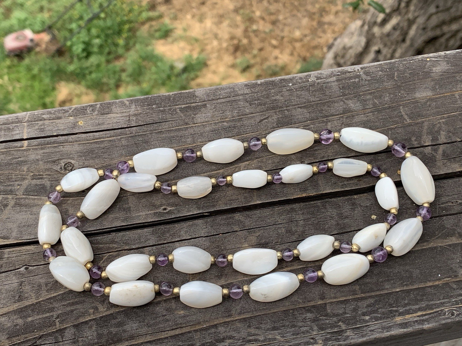 Vintage Necklace Lot-3 Mother of Pearl Green Chips & White Stones w-Purple Beads