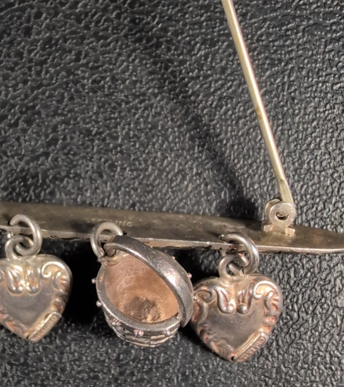 Bar Brooch Flowers &Scroll Design – Hearts and Basket Dangles – Sterling – Vtg