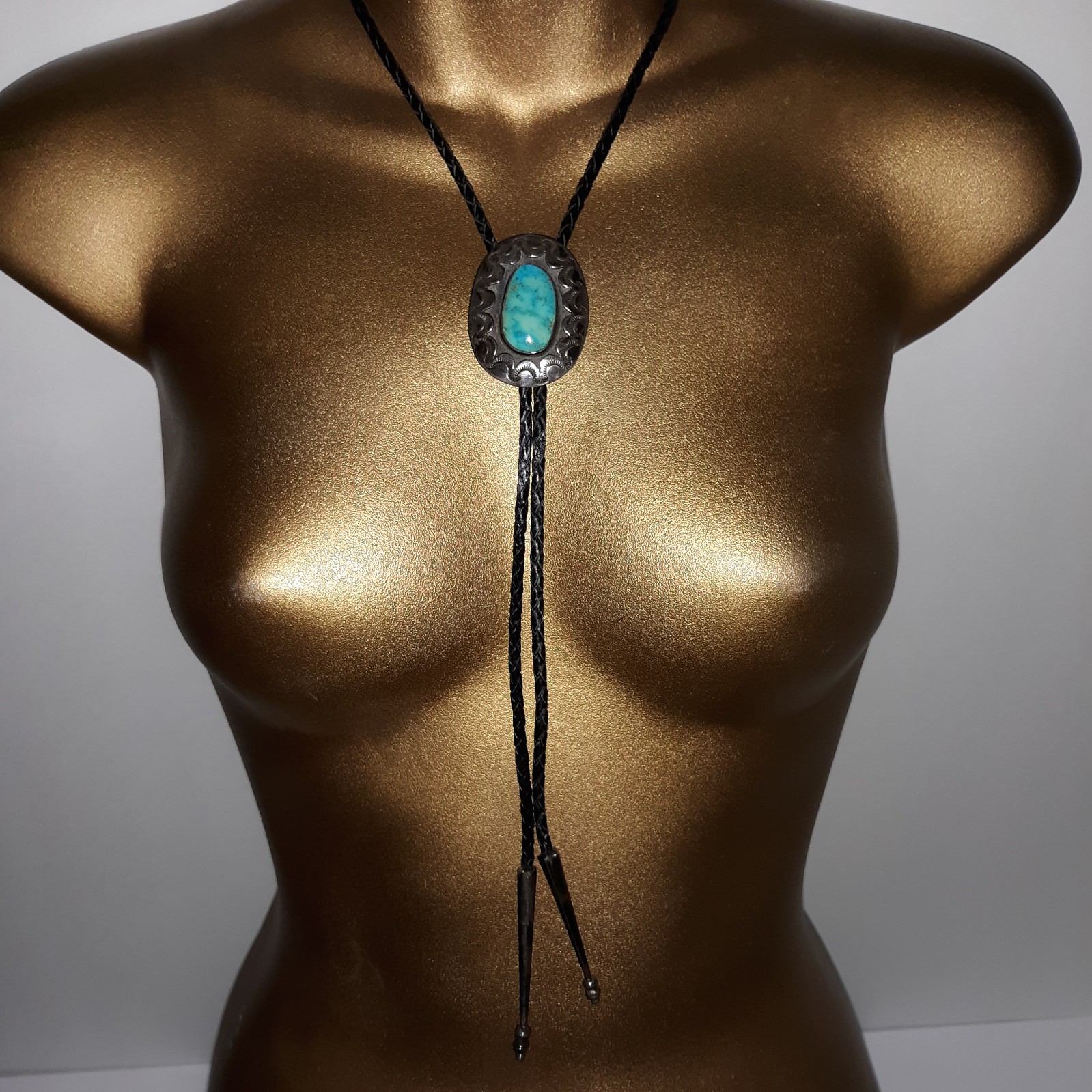 Vtg Bennett Pat Pend Bolo Tie Slide Turquoise Silver Black Leather Cord L 18″