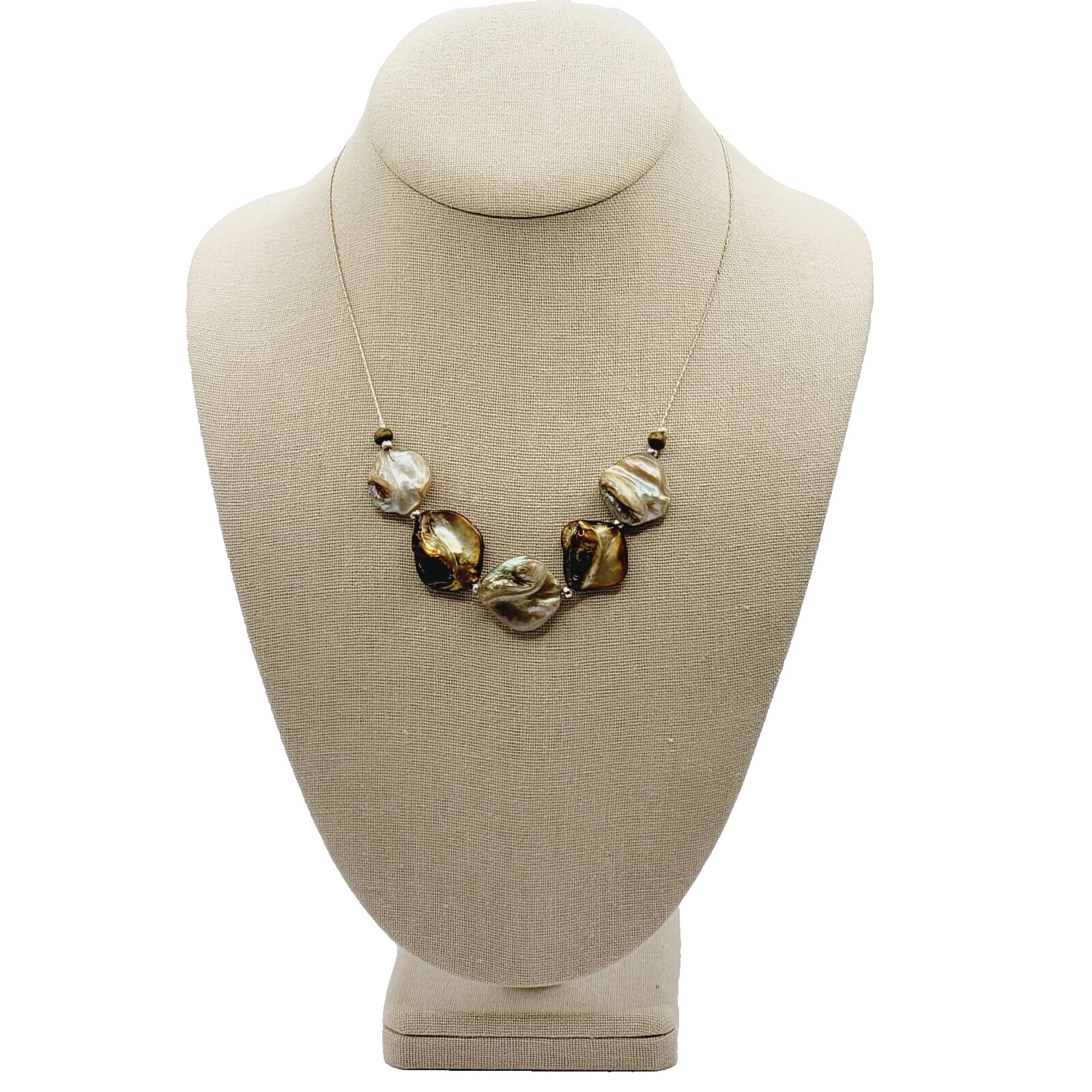 Chunky Mother of Pearl Shell Bead Neutral Color Silver Tone Chain Vtg Necklace