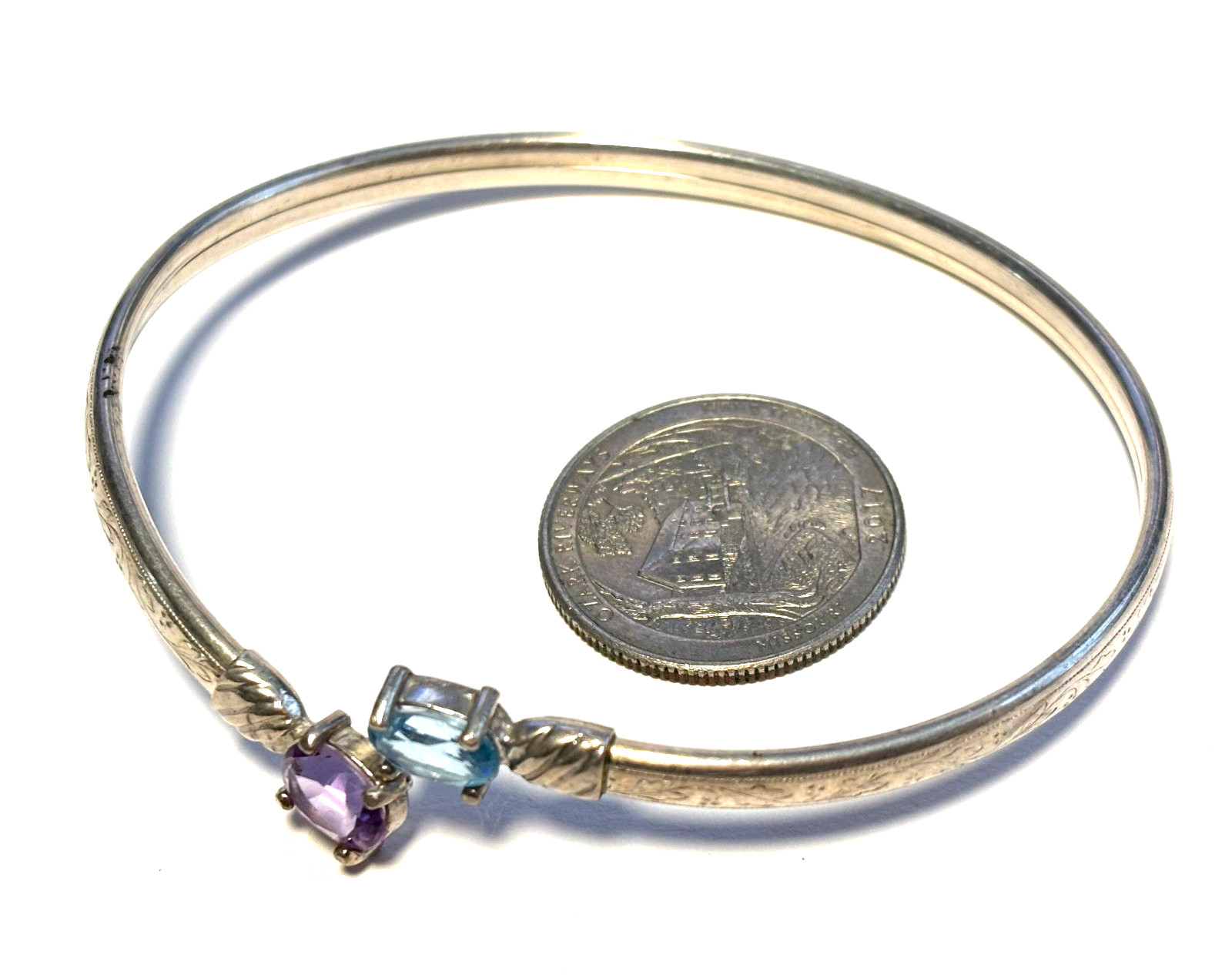 VTG Sterling Silver Edged Open Bangle Bracelet w/Purple & Blue CZ Ends 7 3/4″