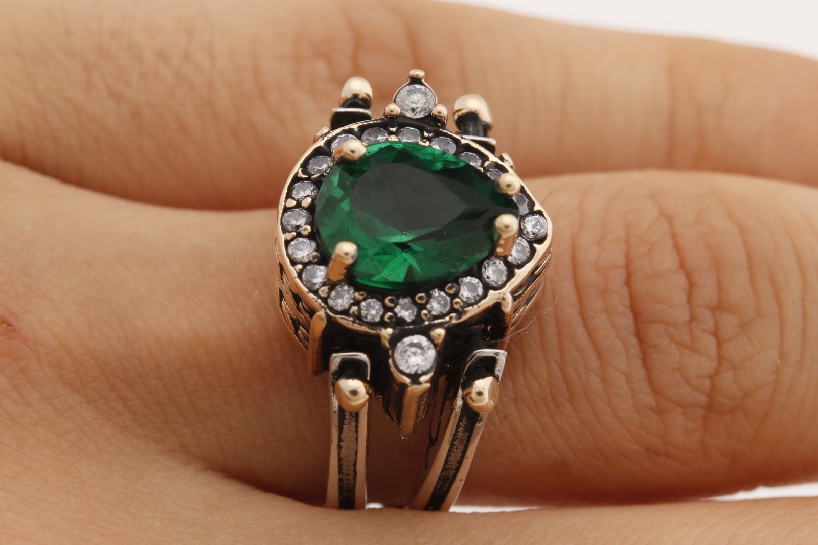 Turkish Reversible Drop Cut Emerald and Sapphire Topaz 925 Sterling Silver Ring