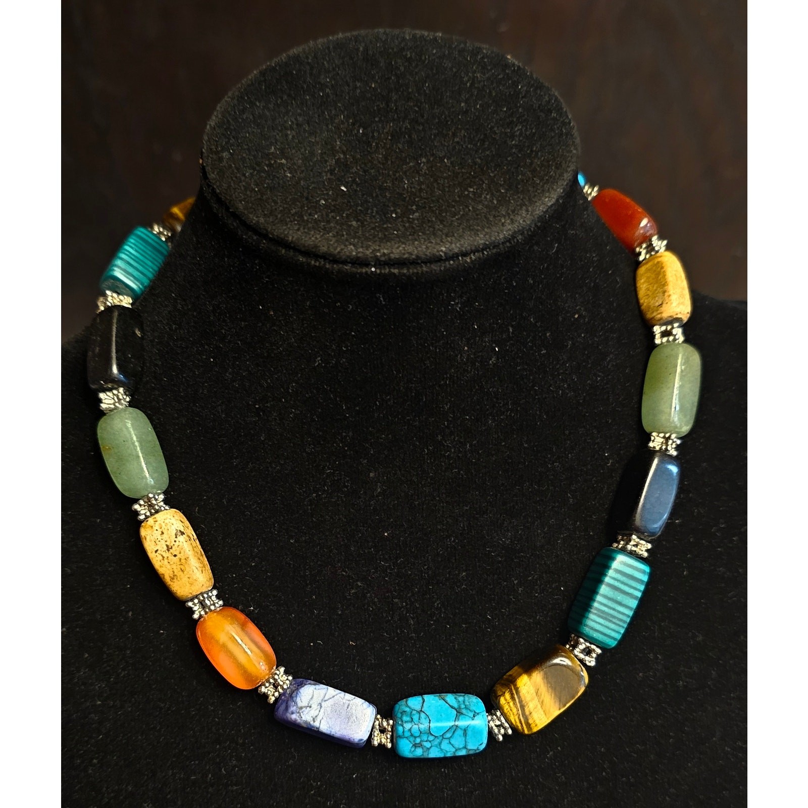 Vtg Gemstone Statement Necklace Tiger’s Eye Jade Malachite Onyx Carnelian 17″