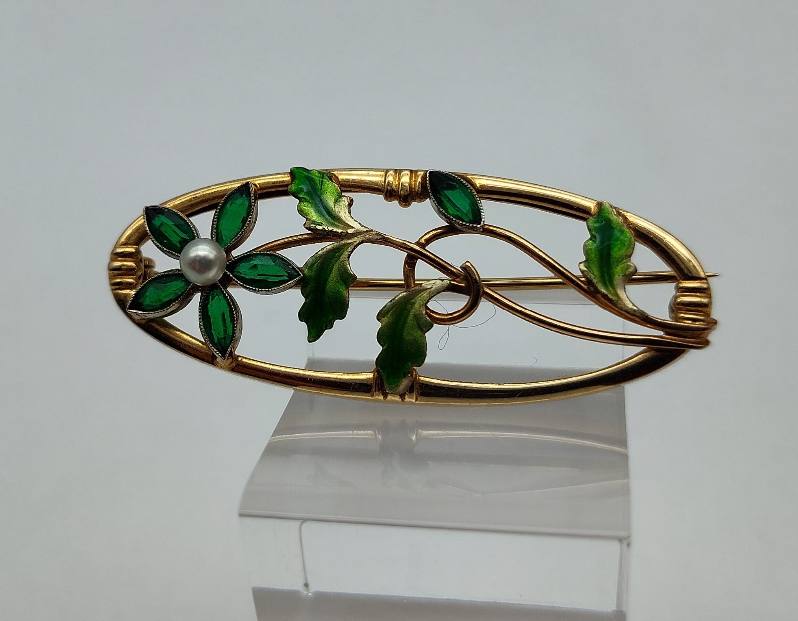 Vintage Flower Pearl Aqua Stone 10K Yellow Gold Green Enamel Brooch Pin Lapel